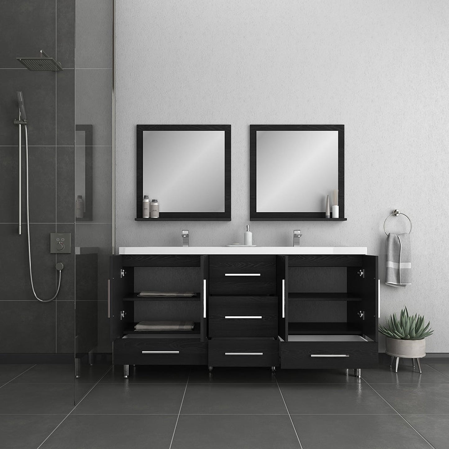Alya Bath Ripley 72" Double Black Modern Freestanding Bathroom Vanity With Integrated Acrylic Top, Acrylic Sink and Wall Mounted Mirror
