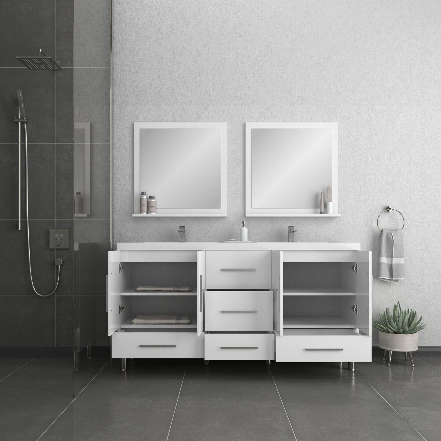 Alya Bath Ripley 72" Double White Modern Freestanding Bathroom Vanity With Integrated Acrylic Top, Acrylic Sink and Wall Mounted Mirror