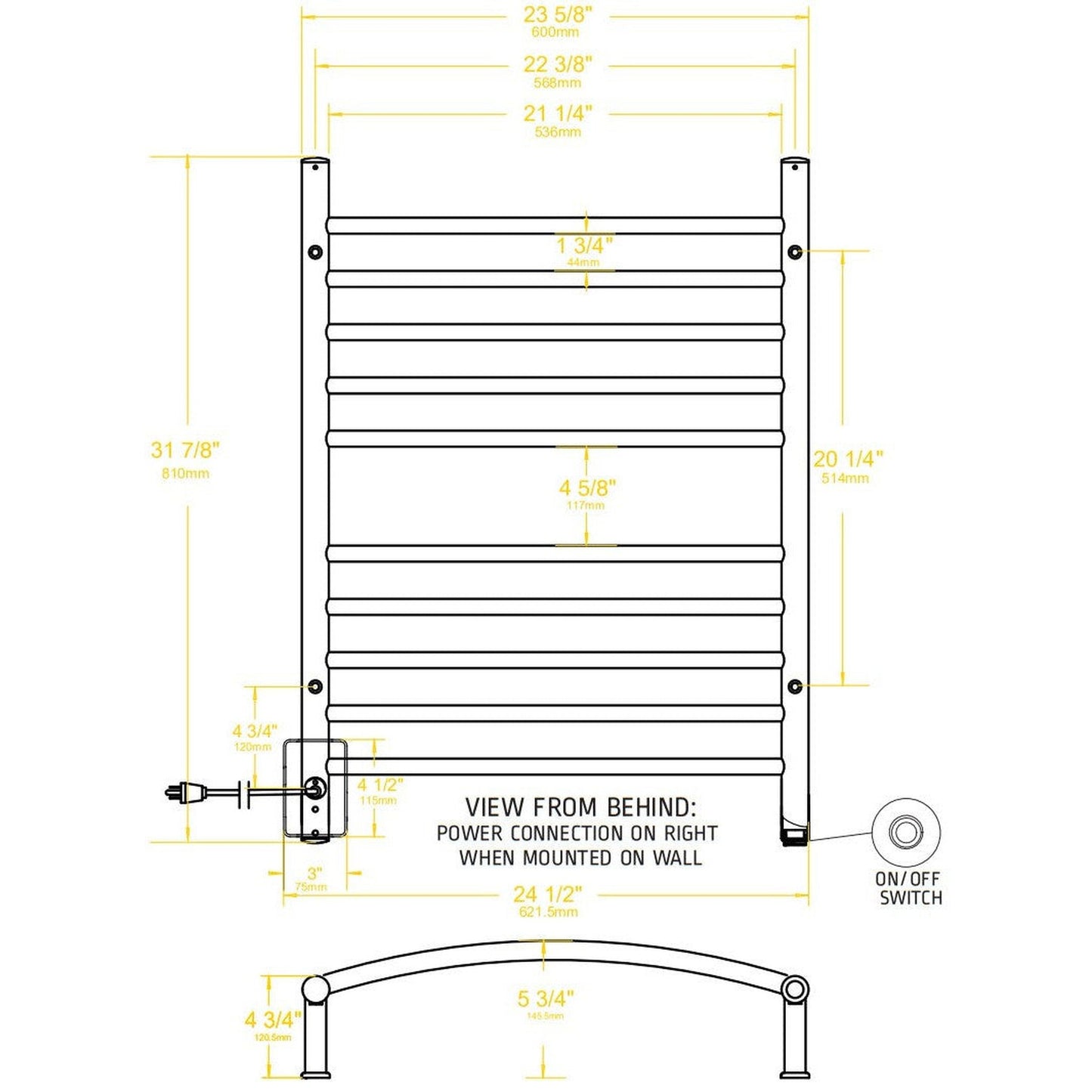Amba Radiant Curved 10-Bar Polished Stainless Steel Hardwired and Plug-in Combo Towel Warmer With Integrated On/Off Switch