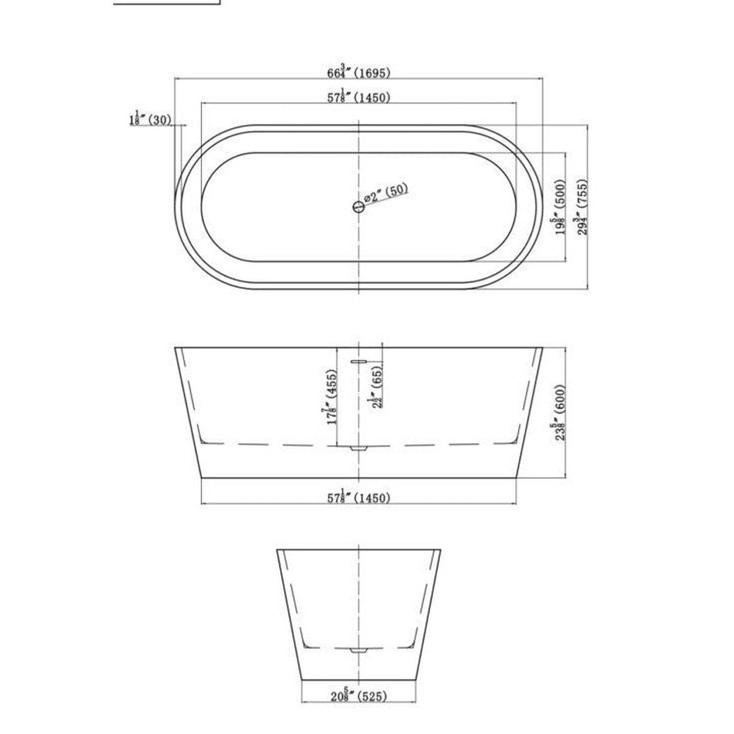 American Acrylic 66.875" x 29.5" White Oval Freestanding Soaking Bathtub