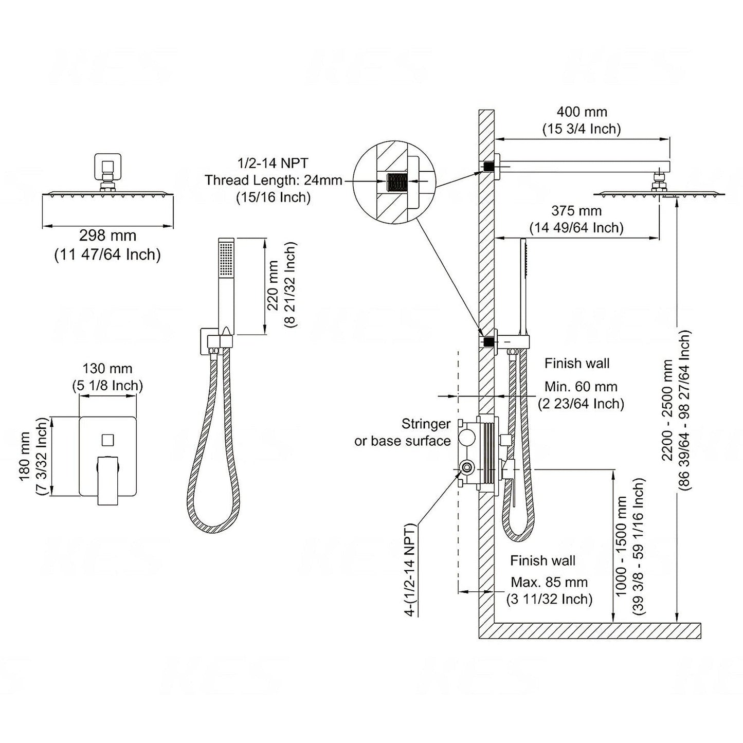 American Imaginations AI-36165 14" Brushed Nickel Rectangle Stainless Steel Modern Shower Kit