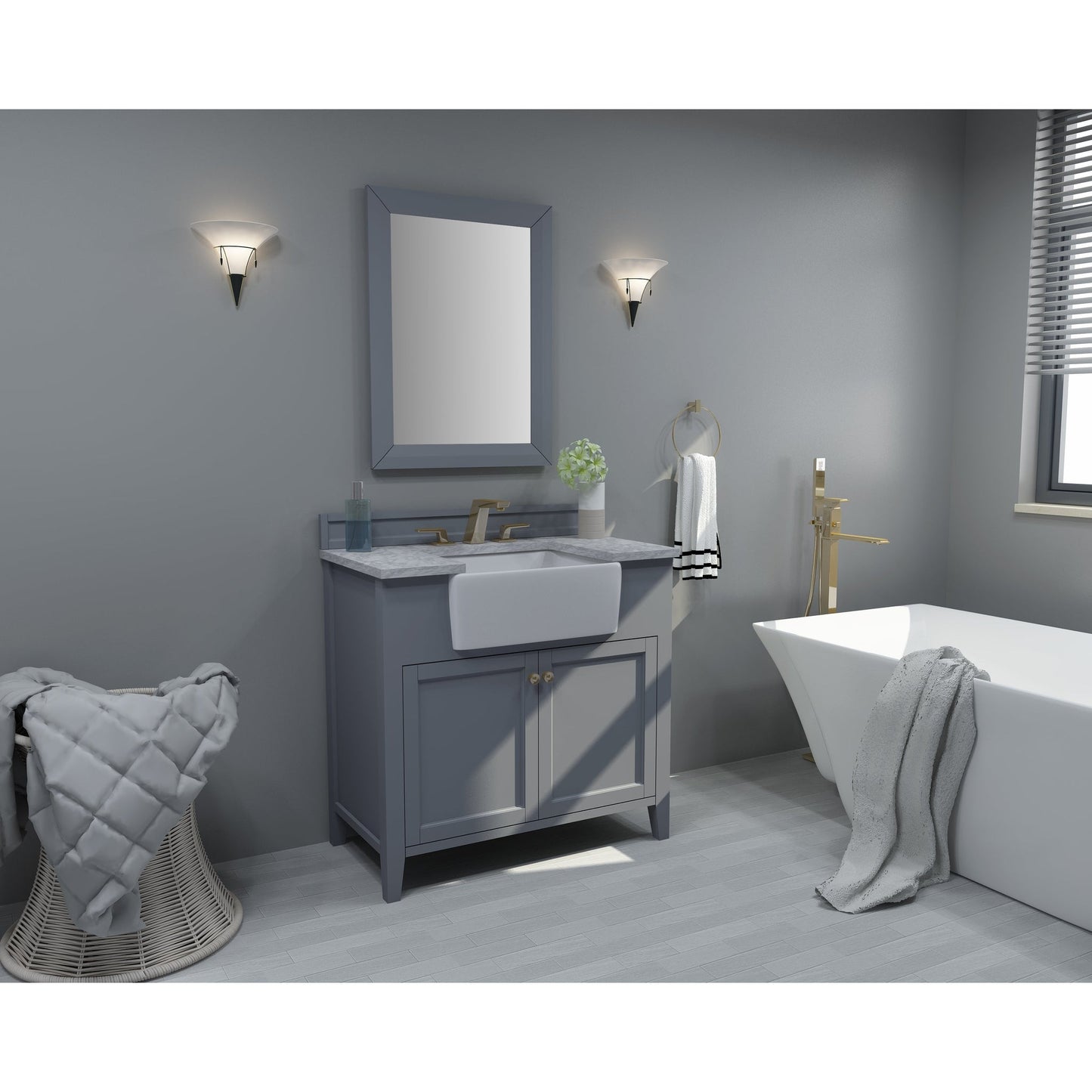 Ancerre Designs Adeline 36" 2-Door Sapphire Gray Bathroom Vanity With White Marble Vanity Top, White Farmhouse Single Ceramic Sink, 4" Solid Wood Backsplash and Satin Brushed Gold Hardware