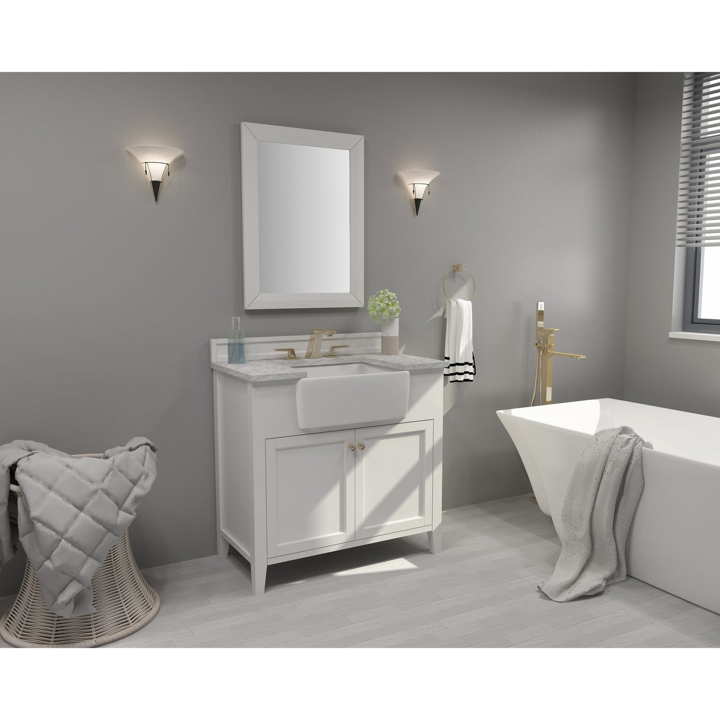 Ancerre Designs Adeline 36" 2-Door White Bathroom Vanity With White Marble Vanity Top, White Farmhouse Single Ceramic Sink, 4" Solid Wood Backsplash and Satin Brushed Gold Hardware