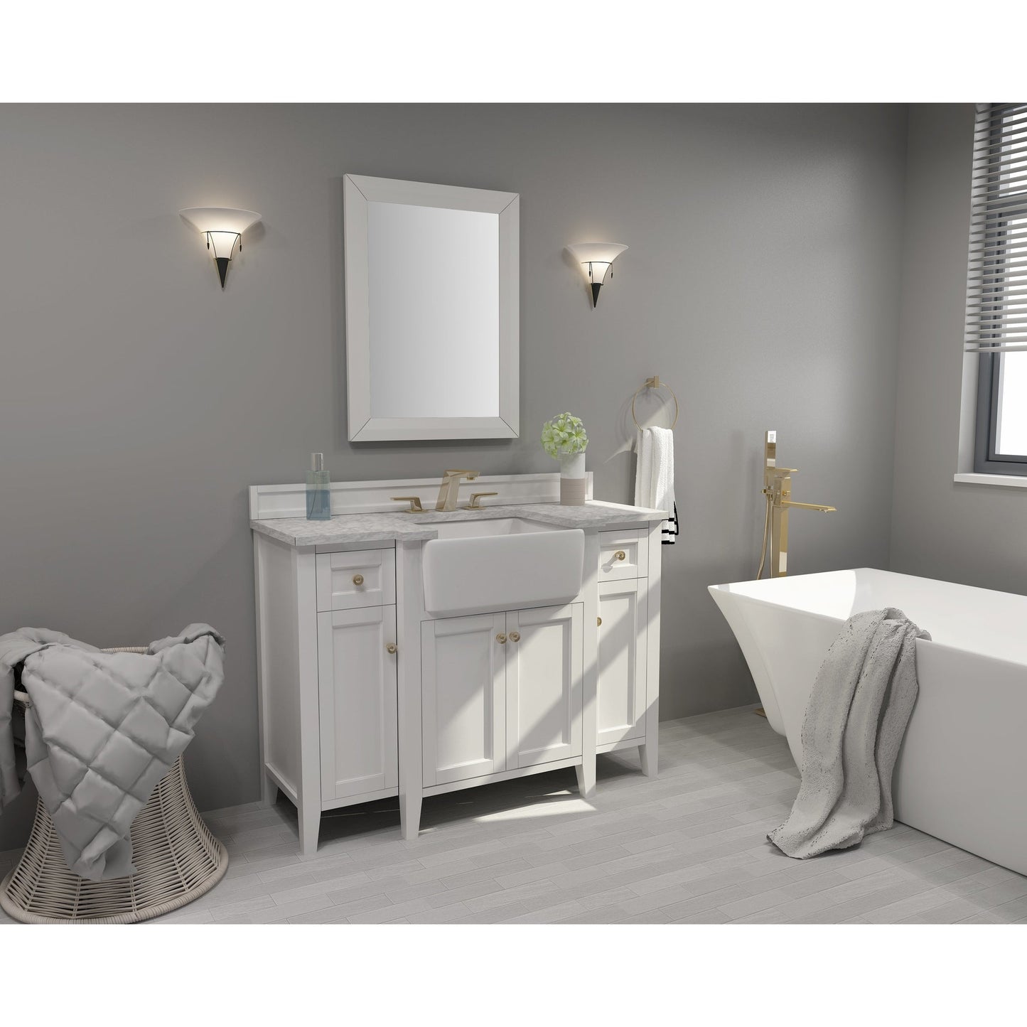 Ancerre Designs Adeline 48" 4-Door 2-Drawer White Bathroom Vanity With White Marble Vanity Top, White Farmhouse Single Ceramic Sink, 4" Solid Wood Backsplash and Satin Brushed Gold Hardware