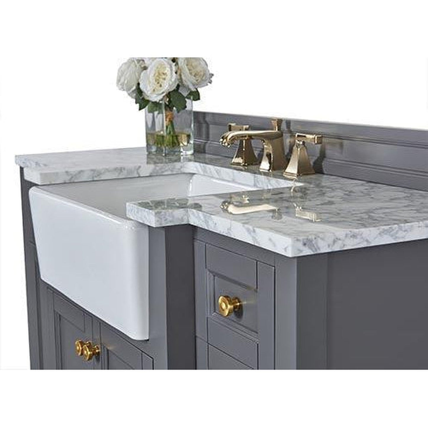 Ancerre Designs Adeline 60" 4-Door 4-Drawer Sapphire Gray Bathroom Vanity With White Marble Vanity Top, White Farmhouse Double Ceramic Sinks, 4" Solid Wood Backsplash and Satin Brushed Gold Hardware