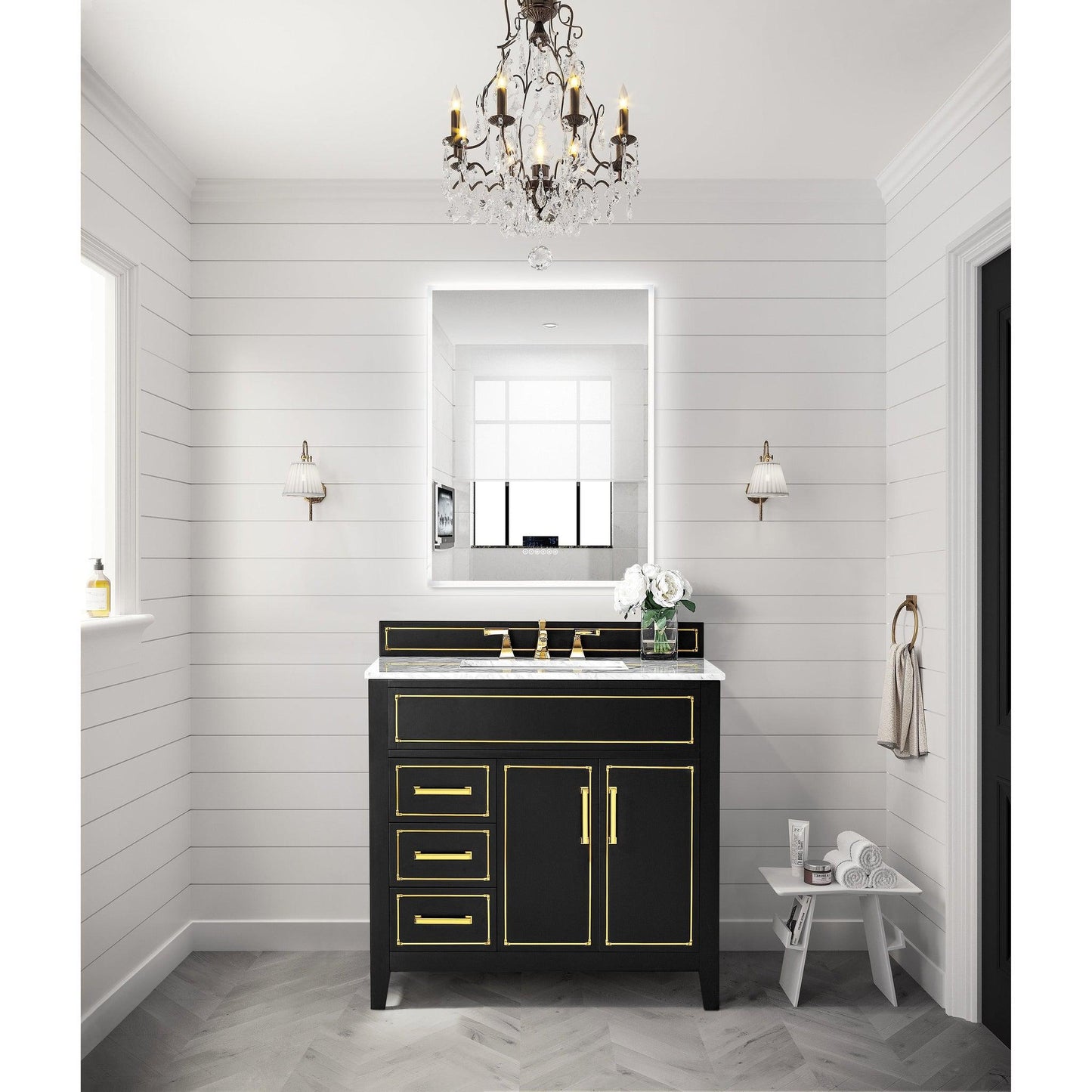 Ancerre Designs Aspen 36" 2-Door 3-Drawer Black Onyx Bathroom Vanity With White Marble Vanity Top, Single Undermount Ceramic Sink, 4" Solid Wood Backsplash and Satin Brushed Gold Hardware