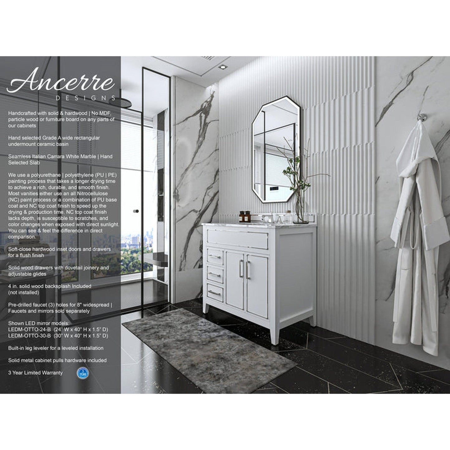 Ancerre Designs Aspen 36" 2-Door 3-Drawer White Bathroom Vanity With White Marble Vanity Top, Single Undermount Ceramic Sink, 4" Solid Wood Backsplash and Chrome Hardware