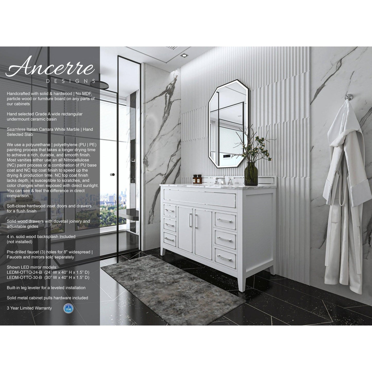 Ancerre Designs Aspen 48" 2-Door 6-Drawer White Bathroom Vanity With White Marble Vanity Top, Single Undermount Ceramic Sink, 4" Solid Wood Backsplash and Chrome Hardware