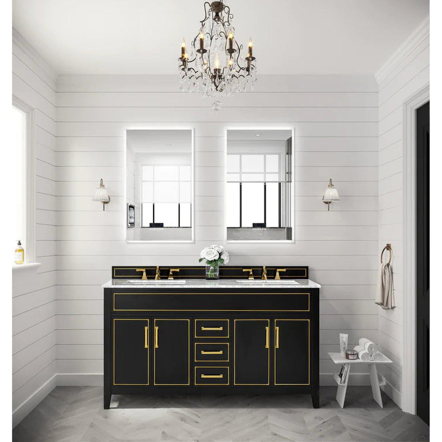 Ancerre Designs Aspen 60" 4-Door 3-Drawer Black Onyx Bathroom Vanity Set With White Marble Vanity Top, Double Undermount Ceramic Sinks, 4" Solid Wood Backsplash and Satin Brushed Gold Hardware