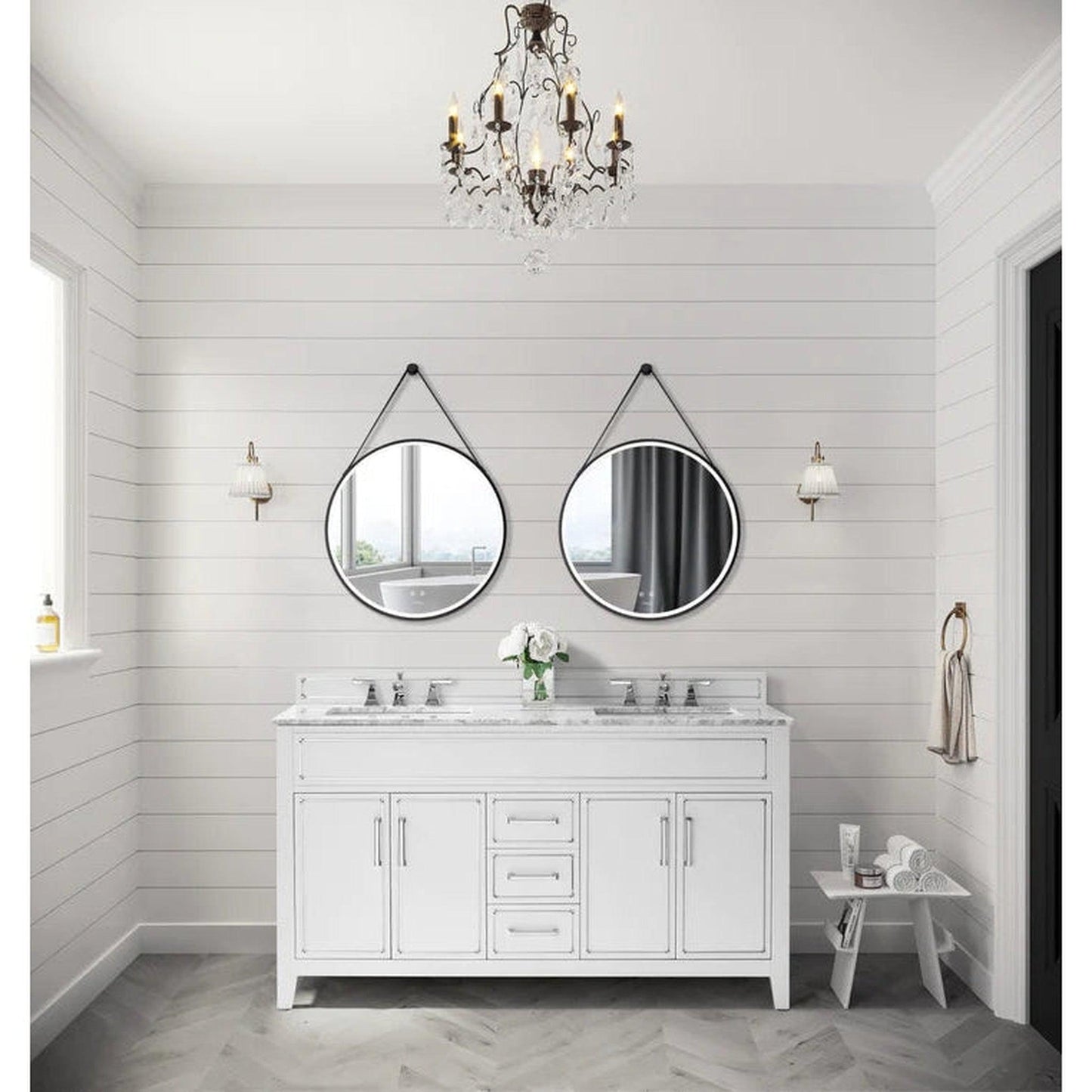 Ancerre Designs Aspen 60" 4-Door 3-Drawer White Bathroom Vanity Set With White Marble Vanity Top, Double Undermount Ceramic Sinks, 4" Solid Wood Backsplash and Chrome Hardware