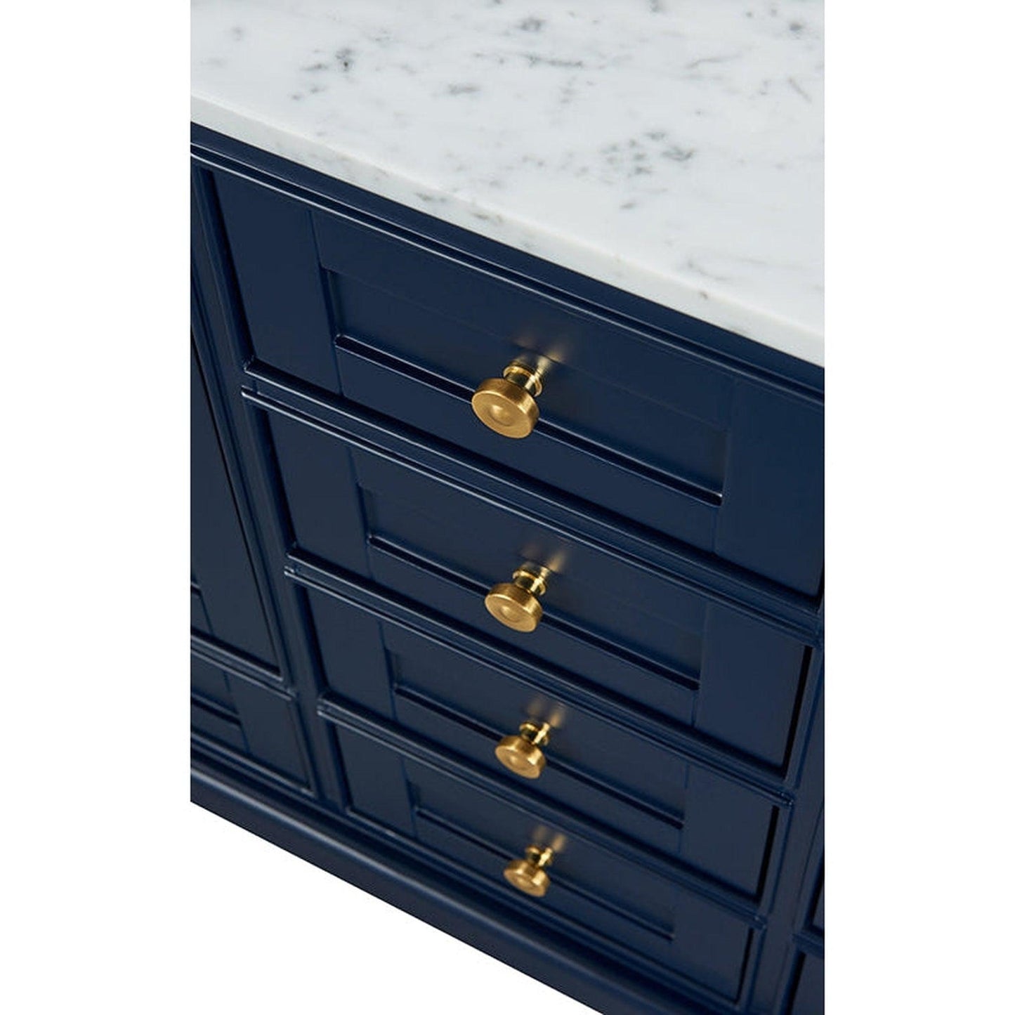 Ancerre Designs Audrey 48" 2-Door 9-Drawer Heritage Blue Bathroom Vanity With White Marble Vanity Top, Single Undermount Ceramic Sink, 4" Solid Wood Backsplash and Satin Brushed Gold Hardware
