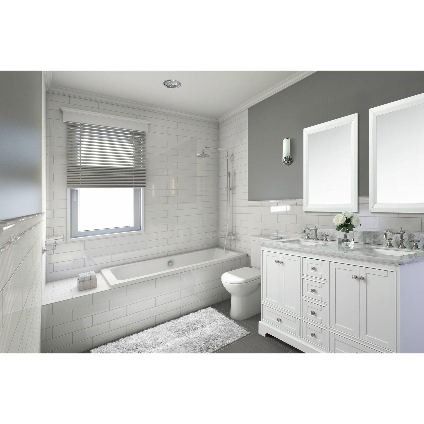 Ancerre Designs Audrey 60" 4-Door 6-Drawer White Bathroom Vanity With White Marble Vanity Top, Double Undermount Ceramic Sink and 4" Solid Wood Backsplash and Brushed Nickel Finish Hardware