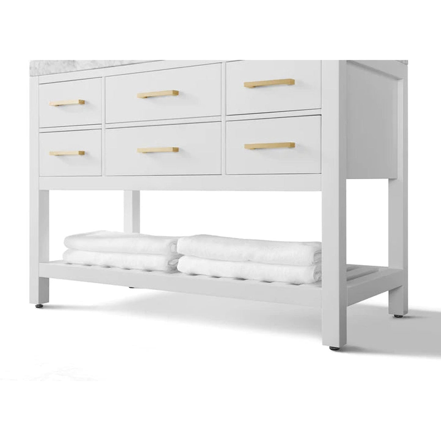 Ancerre Designs Elizabeth 48" 5-Drawer 1-Shelve White Bathroom Vanity With Italian Carrara White Marble Vanity Top, Single Undermount Ceramic Sink and 4" Solid Wood Backsplash and Satin Brushed Gold Hardware