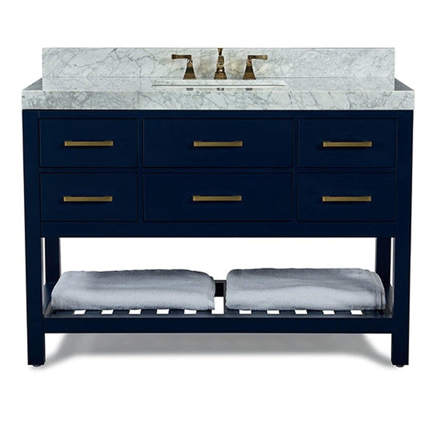Ancerre Designs Elizabeth 48" 5-Drawer,1-Shelve Heritage Blue Bathroom Vanity With Italian Carrara White Marble Vanity Top, Single Undermount Ceramic Sink and 4" Solid Wood Backsplash