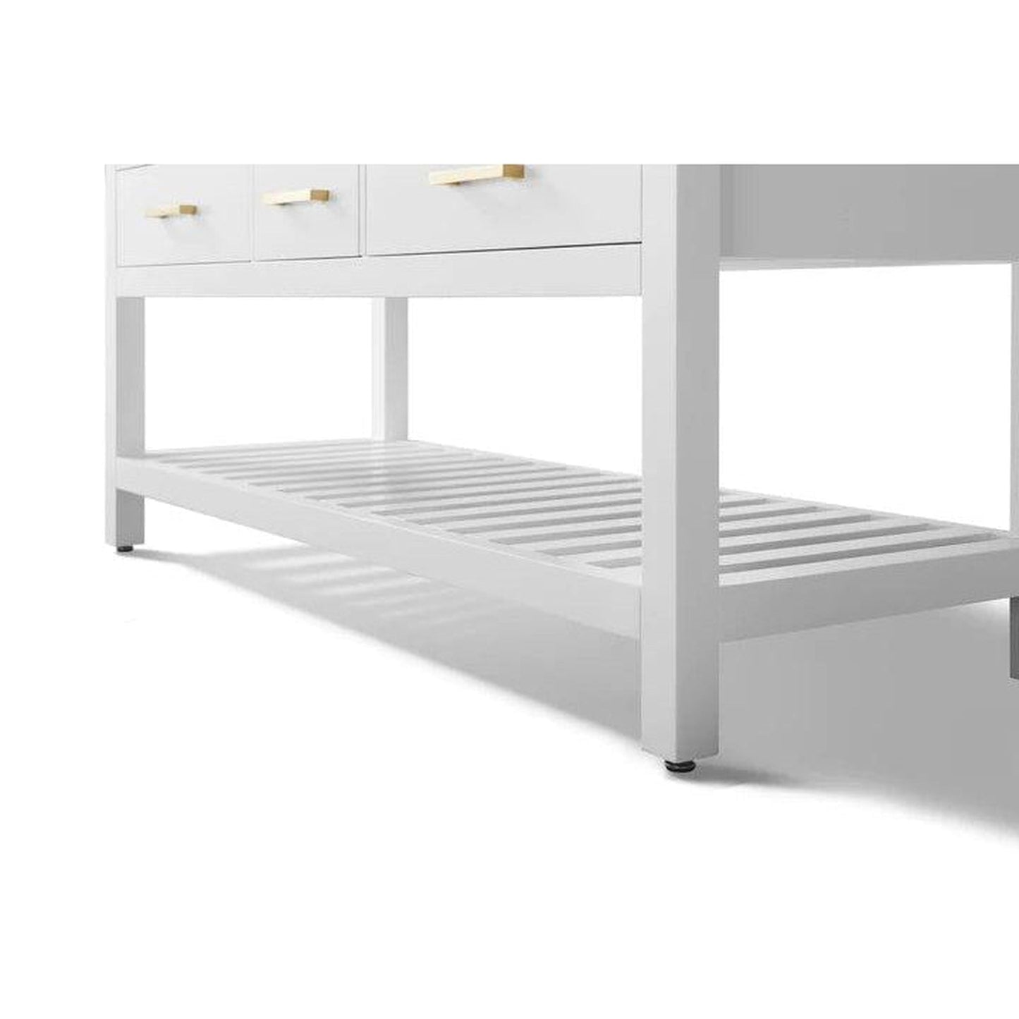 Ancerre Designs Elizabeth 60" 4-Drawer 1-Shelve White Bathroom Vanity With Italian Carrara White Marble Vanity Top, Double Undermount Ceramic Sinks, 4" Solid Wood Backsplash and Satin Brushed Gold Hardware