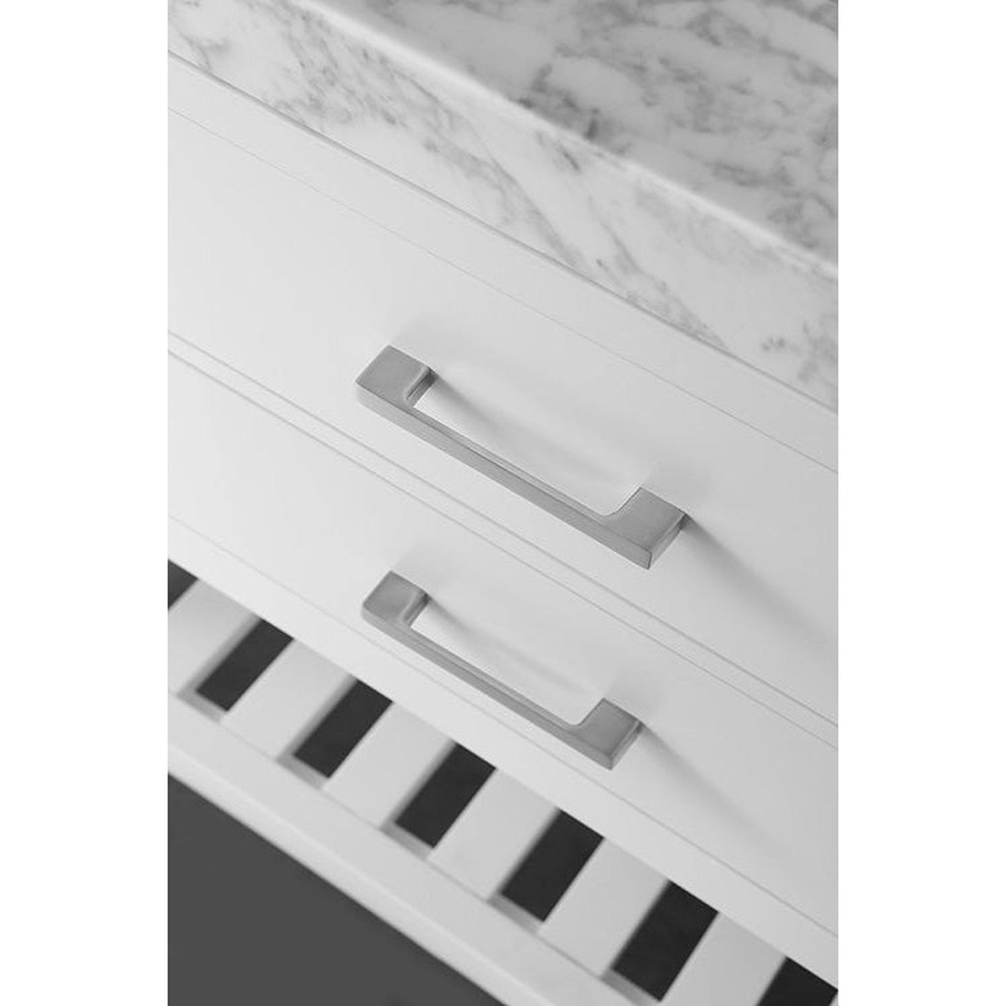 Ancerre Designs Elizabeth 60" 5-Drawer 1-Shelve White Bathroom Vanity With Italian Carrara White Marble Vanity Top, Double Undermount Ceramic Sinks, 4" Solid Wood Backsplash and Brushed Nickel Hardware