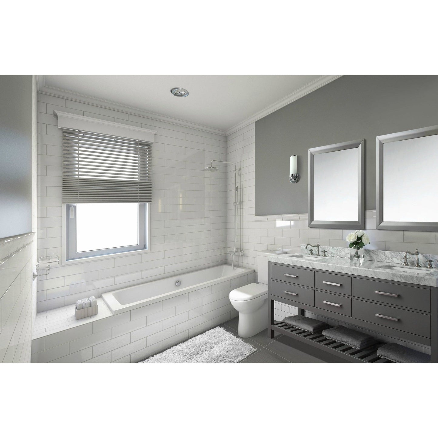 Ancerre Designs Elizabeth 72" 4-Drawer 1-Shelve Sapphire Gray Bathroom Vanity With Italian Carrara White Marble Vanity Top, Double Undermount Ceramic Sinks and 4 Solid Wood Backsplash