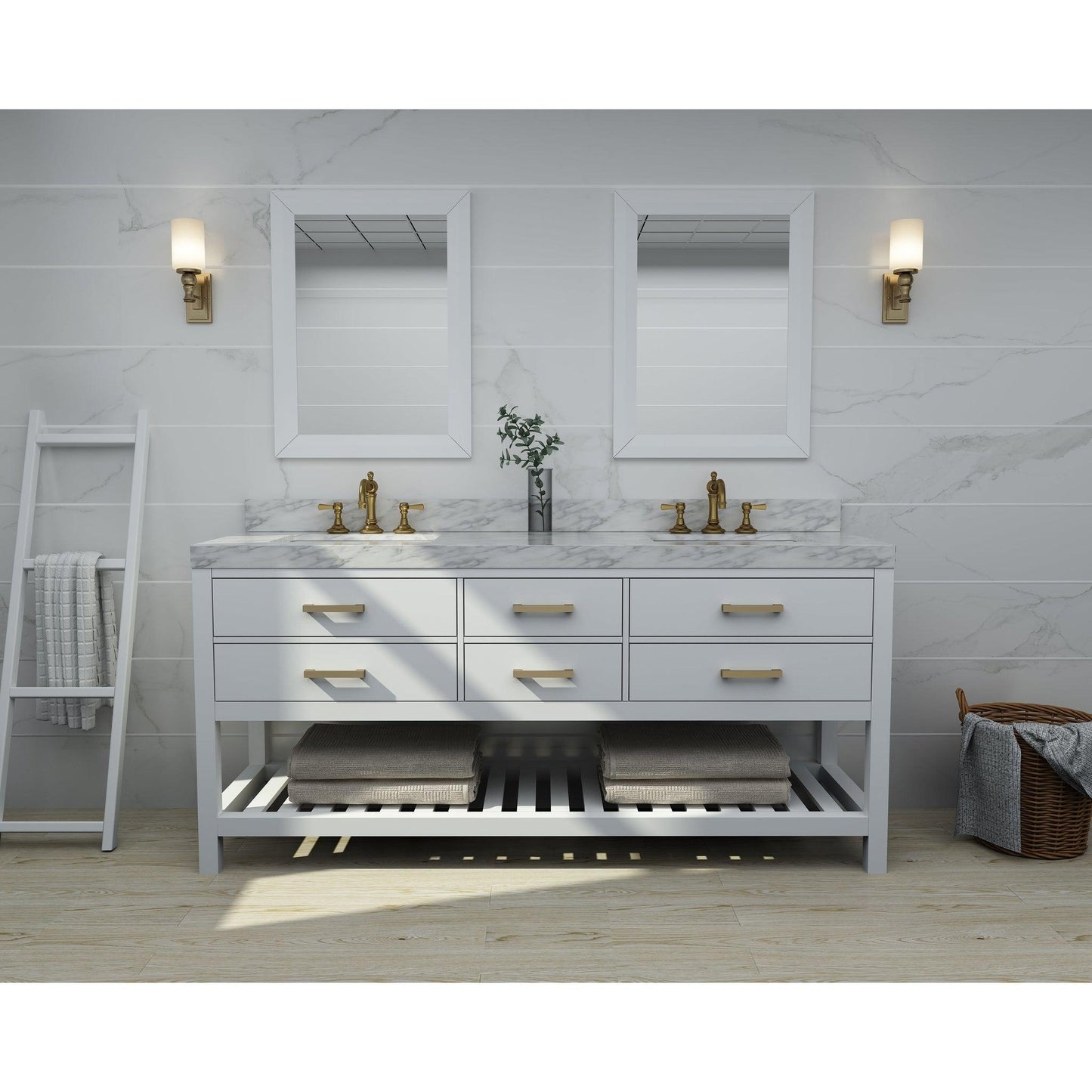 Ancerre Designs Elizabeth 72" 4-Drawer 1-Shelve White Bathroom Vanity With Italian Carrara White Marble Vanity Top, Double Undermount Ceramic Sinks, 4" Solid Wood Backsplash and Satin Brushed Gold Hardware