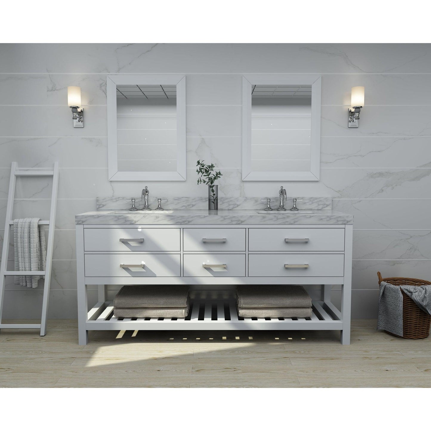 Ancerre Designs Elizabeth 72" 4-Drawer 1-Shelve White Bathroom Vanity With Italian Carrara White Marble Vanity Top, Double Undermount Ceramic Sinks and 4" Solid Wood Backsplash
