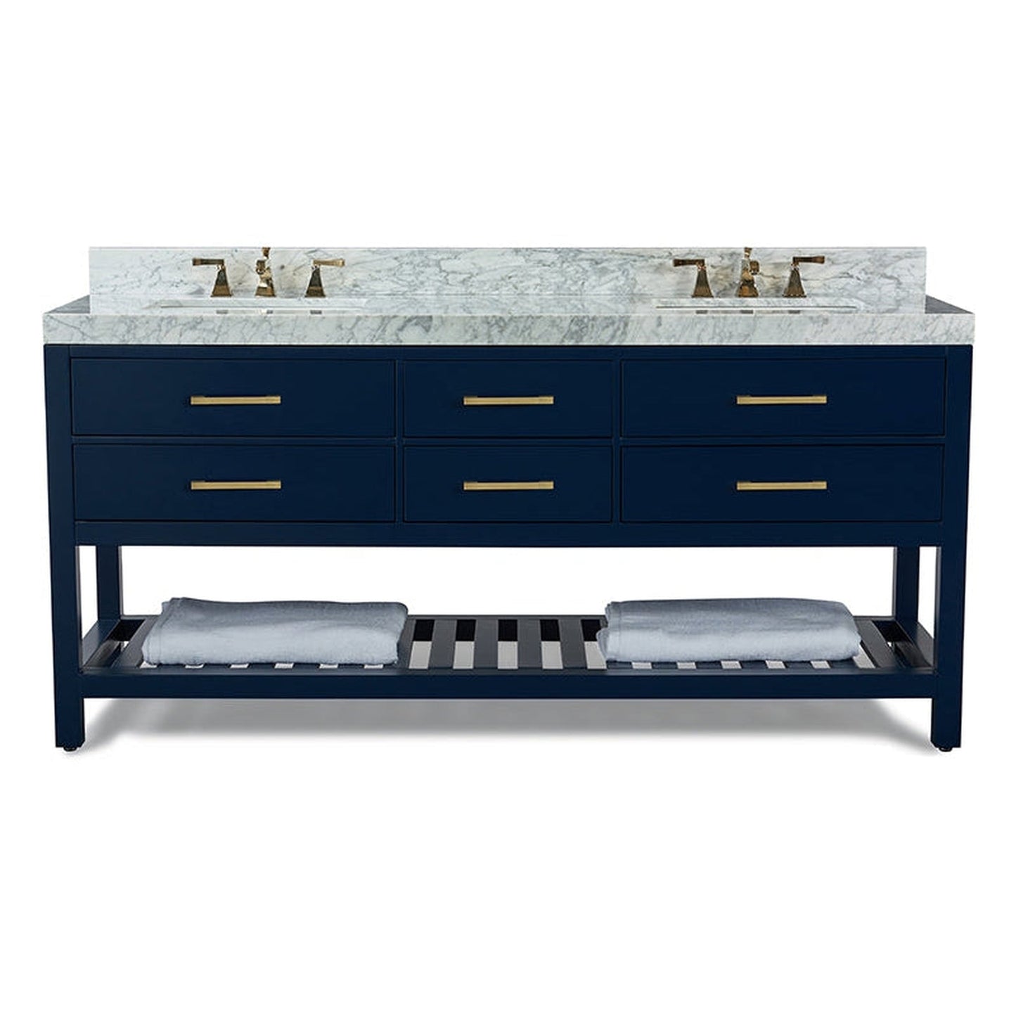 Ancerre Designs Elizabeth 72" 4-Drawers 1-Shelve Heritage Blue Bathroom Vanity With Italian Carrara White Marble Vanity Top, Double Undermount Ceramic Sinks and 4" Solid Wood Backsplash