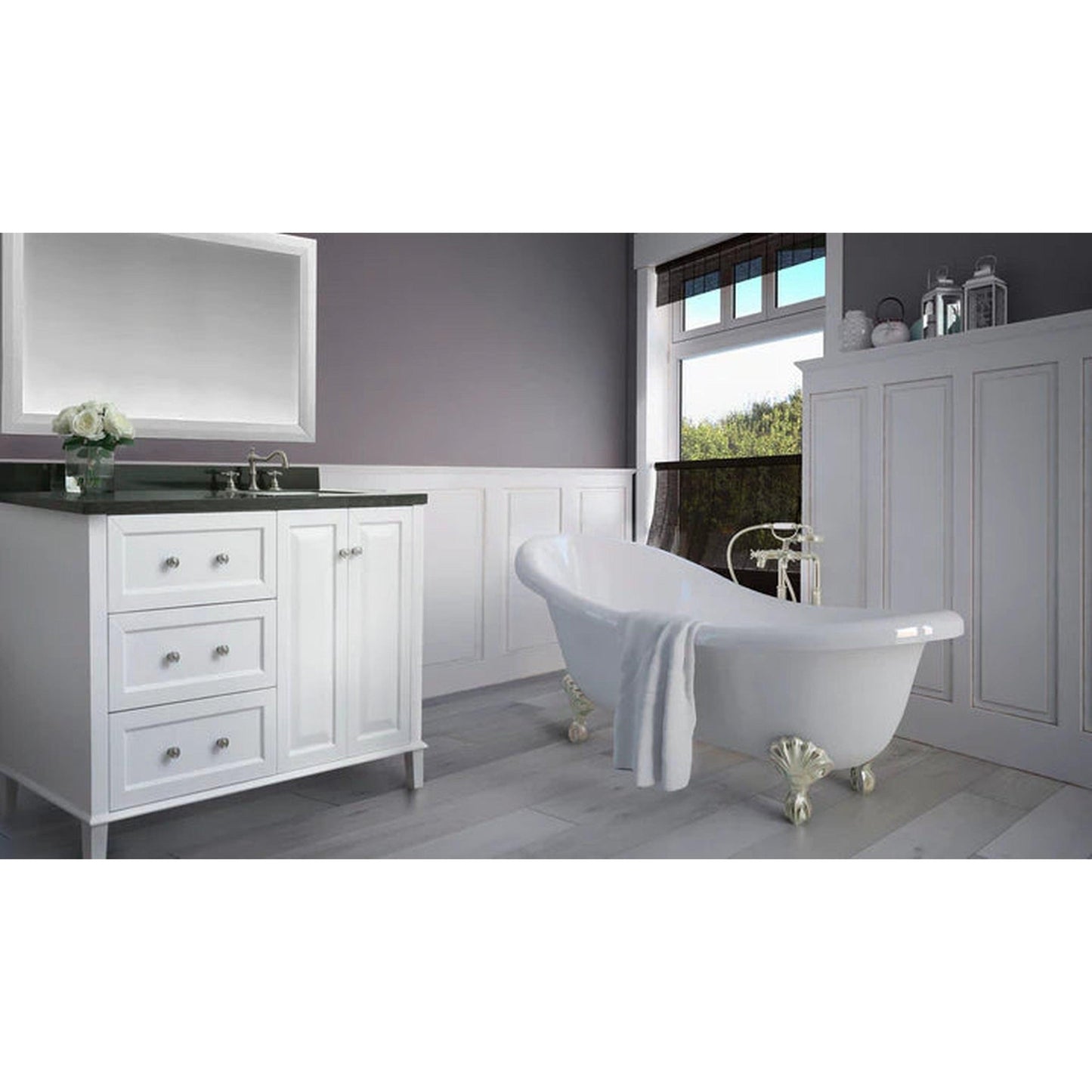 Ancerre Designs Hannah 48" 2-Doors, 3-Drawers White Bathroom Vanity Set With Black Quartz Vanity Top, Off Centered Right Single Rectangle Undermount Ceramic Sink, 4" Black Quartz Backsplash and Brushed Nickel Finish Hardware