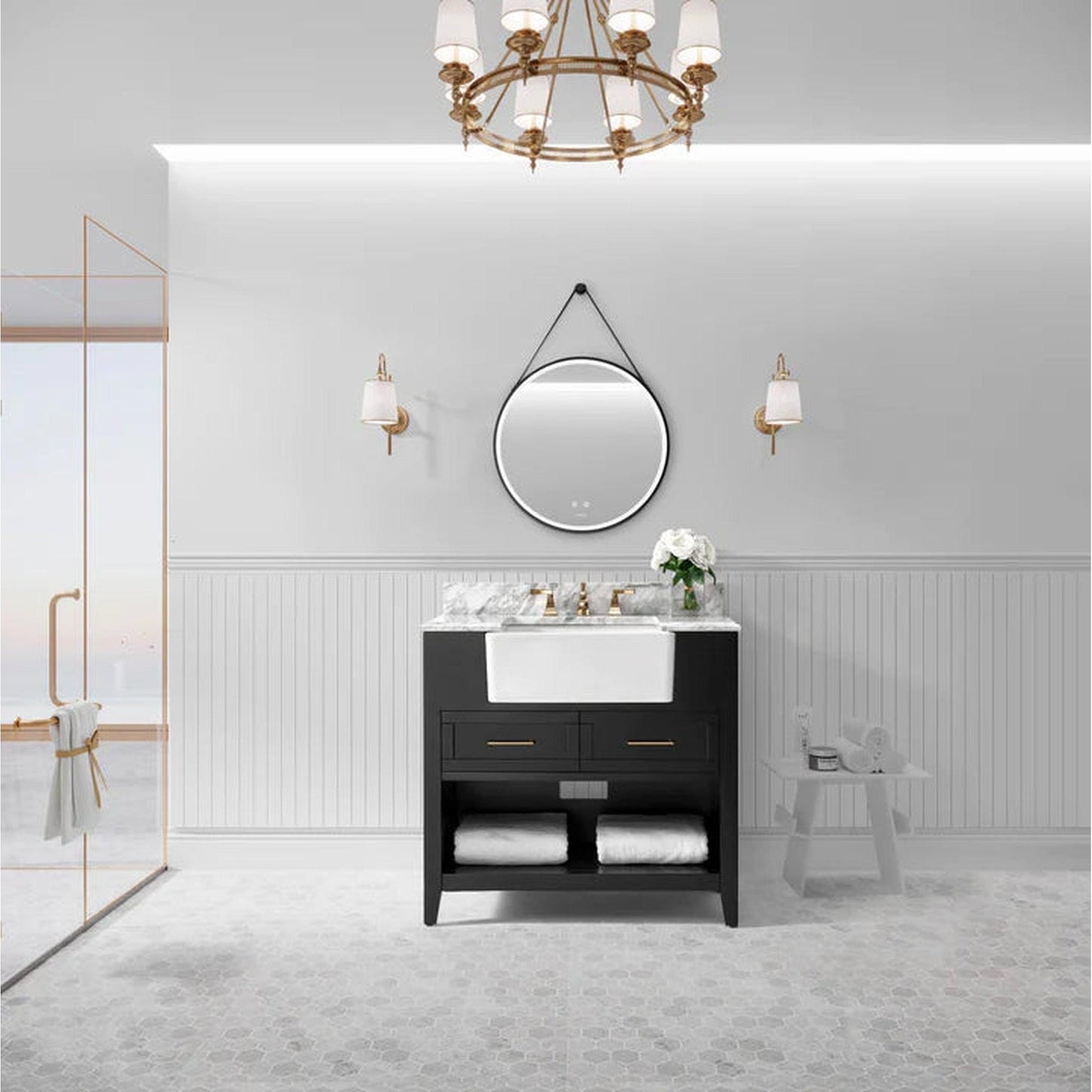 Ancerre Designs Hayley 36" 2-Drawer 1-Shelve Black Onyx Bathroom Vanity With Italian Carrara White Marble Vanity Top, Single Farmhouse Undermount Apron Ceramic Sink, 4" White Marble Backsplash and Satin Brushed Nickel Hardware