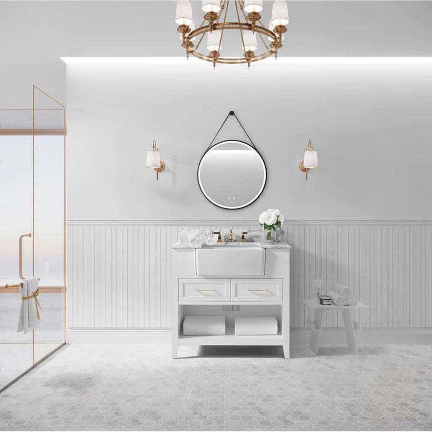 Ancerre Designs Hayley 36" 2-Drawer 1-Shelve White Bathroom Vanity With Italian Carrara White Marble Vanity Top, Single Farmhouse Undermount Apron Ceramic Sink, 4" White Marble Backsplash and Satin Brushed Nickel Hardware