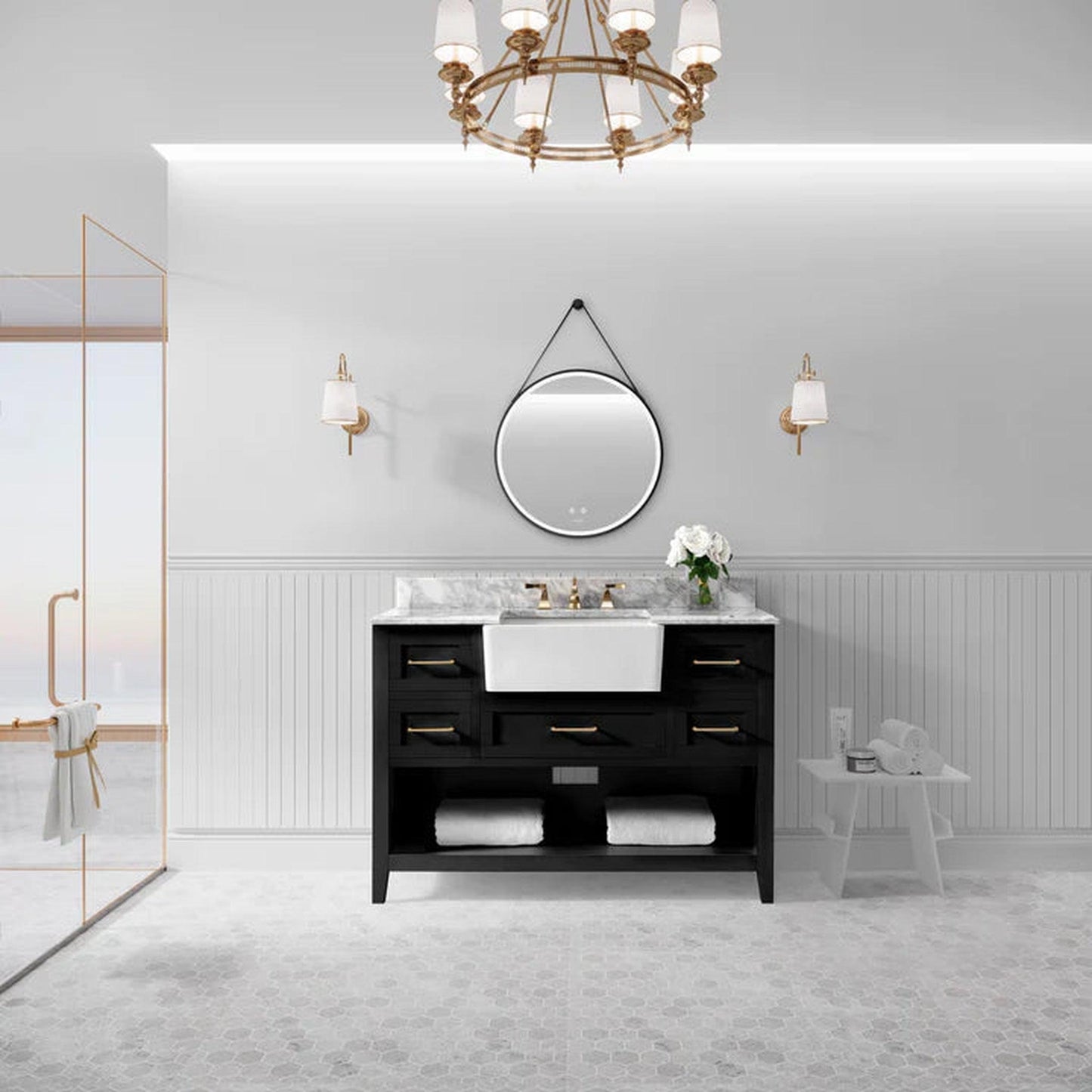 Ancerre Designs Hayley 48" 5-Drawer 1-Shelve Black Onyx Bathroom Vanity With Italian Carrara White Marble Vanity Top, Single Farmhouse Undermount Apron Ceramic Sink, 4" White Marble Backsplash and Satin Brushed Nickel Hardware