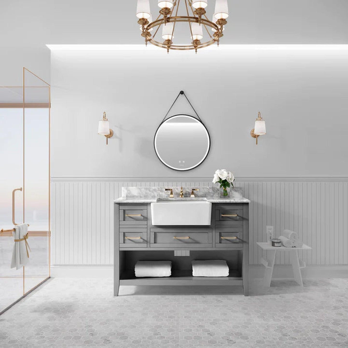 Ancerre Designs Hayley 48" 5-Drawer 1-Shelve Sea Cloud Gray Bathroom Vanity Set With Italian Carrara White Marble Vanity Top, Farmhouse Undermount Apron Ceramic Sink, 4" White Marble Backsplash and Satin Brushed Nickel Hardware