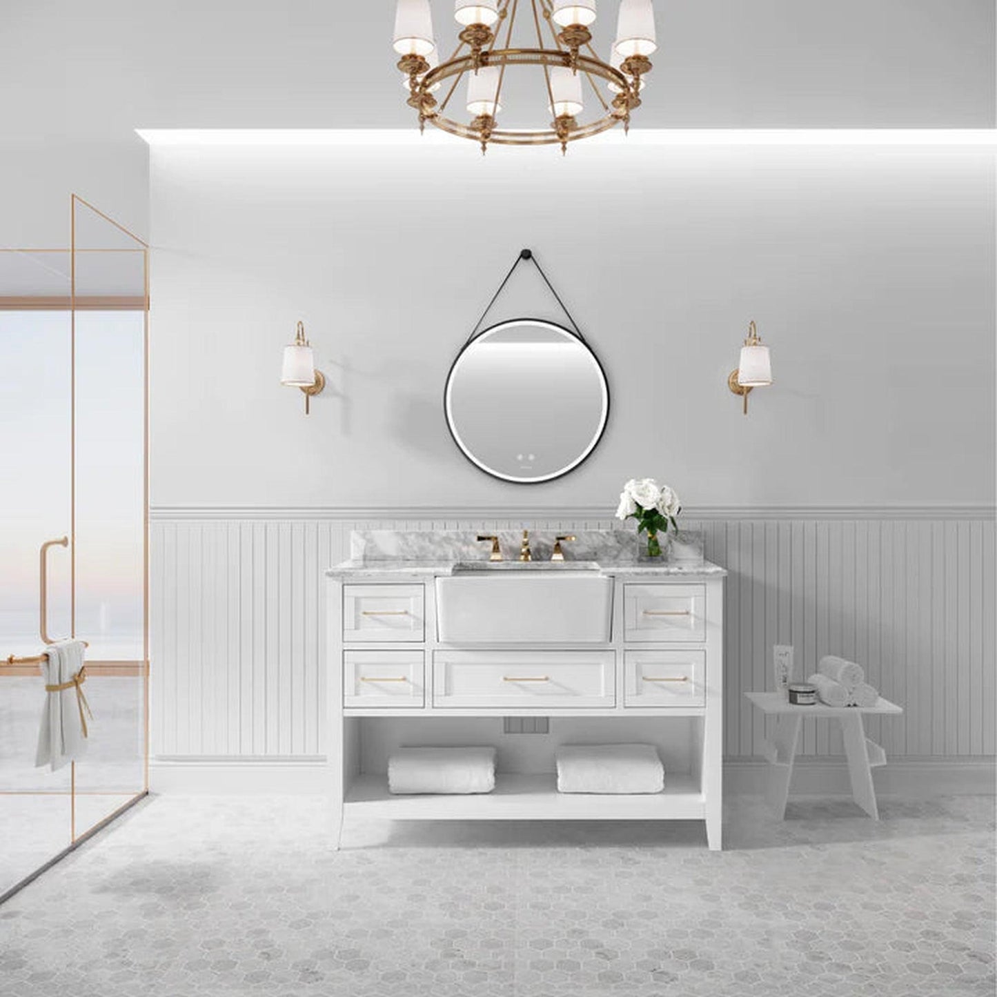 Ancerre Designs Hayley 48" 5-Drawer 1-Shelve White Bathroom Vanity With Italian Carrara White Marble Vanity Top, Double Farmhouse Undermount Apron Ceramic Sinks, 4" White Marble Backsplash and Satin Brushed Nickel Hardware