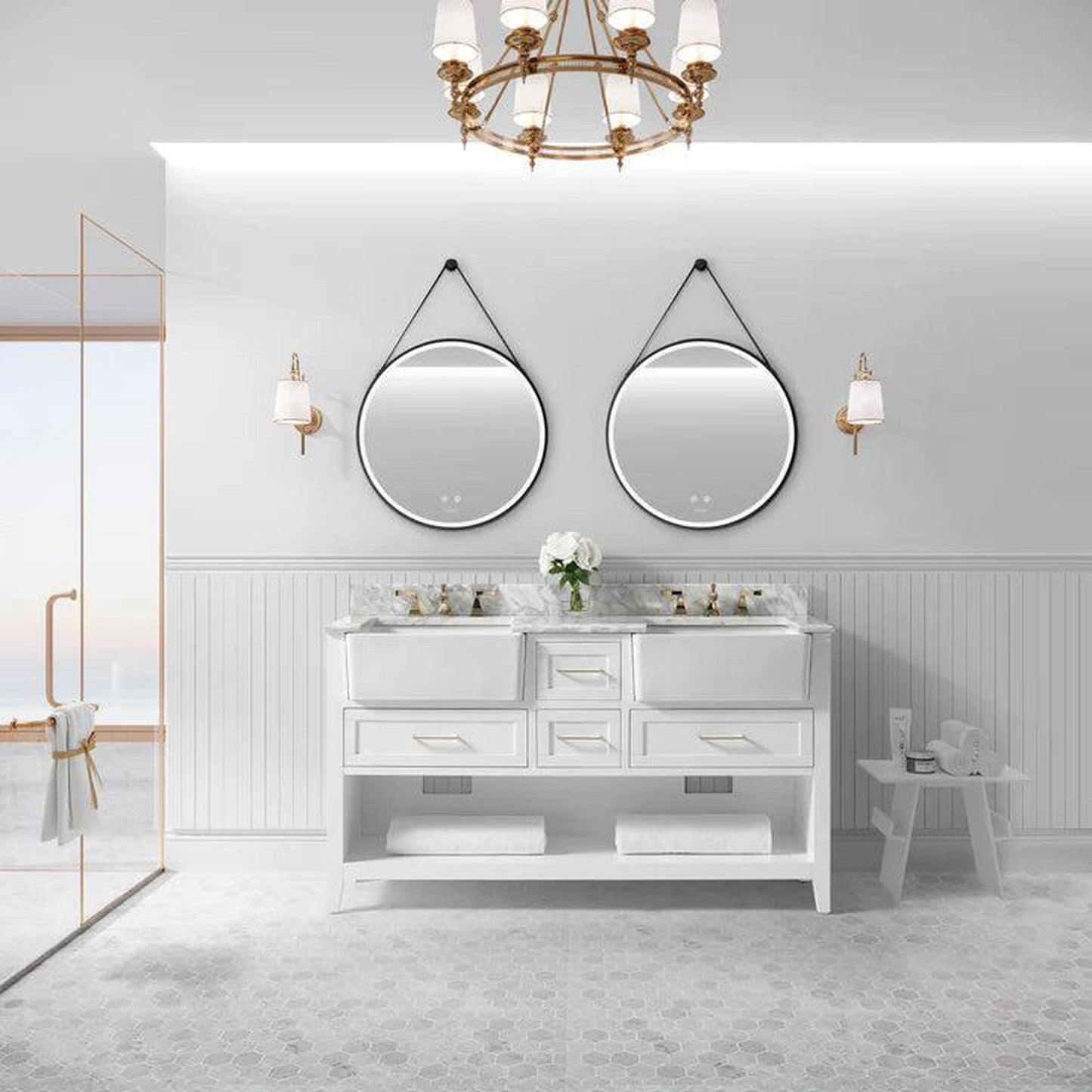 Ancerre Designs Hayley 60" 4-Drawer 1-Shelve White Bathroom Vanity With Italian Carrara White Marble Vanity Top, Double Farmhouse Undermount Apron Ceramic Sinks, 4" White Marble Backsplash and Satin Brushed Nickel Hardware