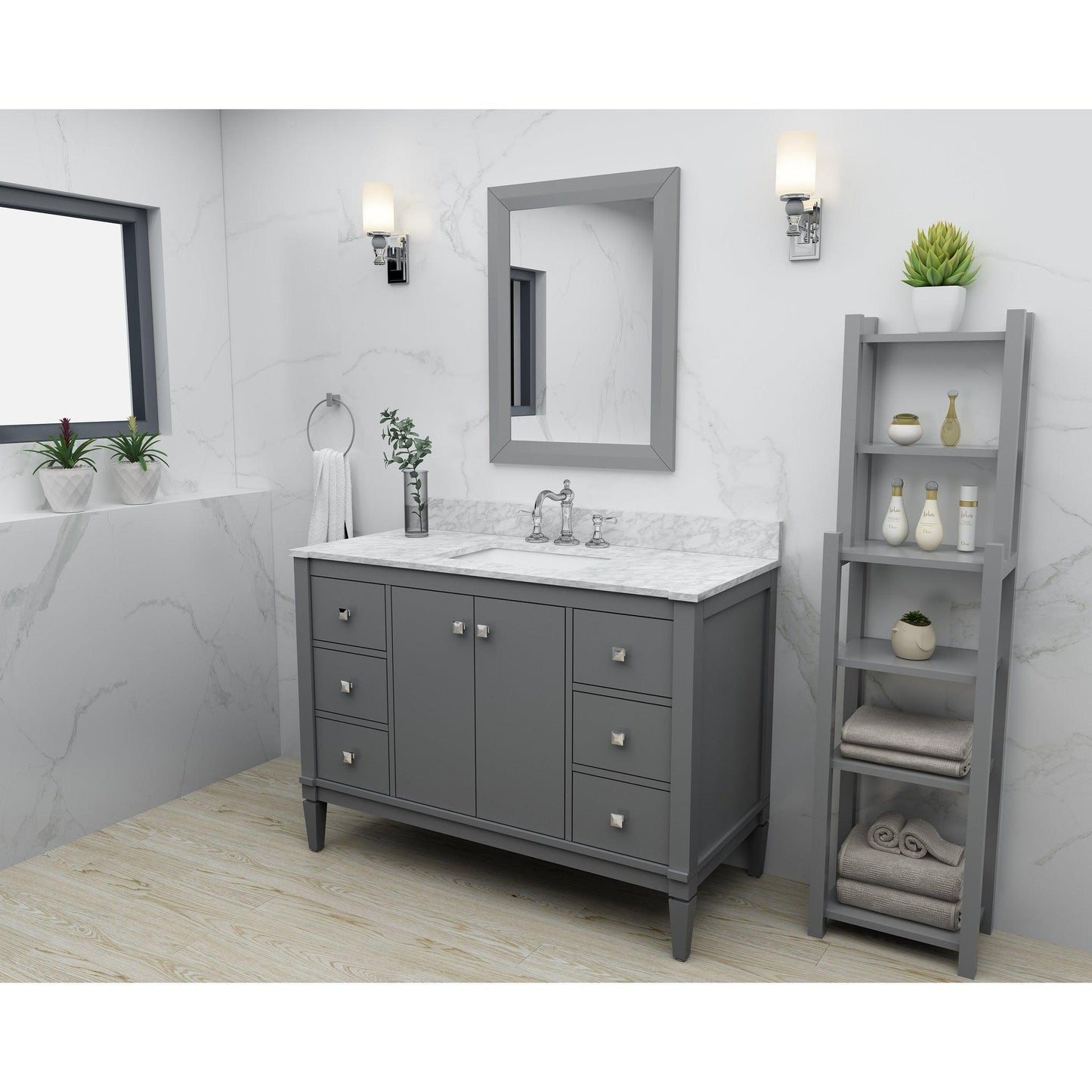Ancerre Designs Kayleigh 48" 2-Door 6-Drawer Sapphire Gray Bath Vanity With Italian Carrara White Marble Vanity Top, Single Undermount Ceramic Sink, 4 Solid Wood Backsplash and Brushed Nickel Finish Hardware
