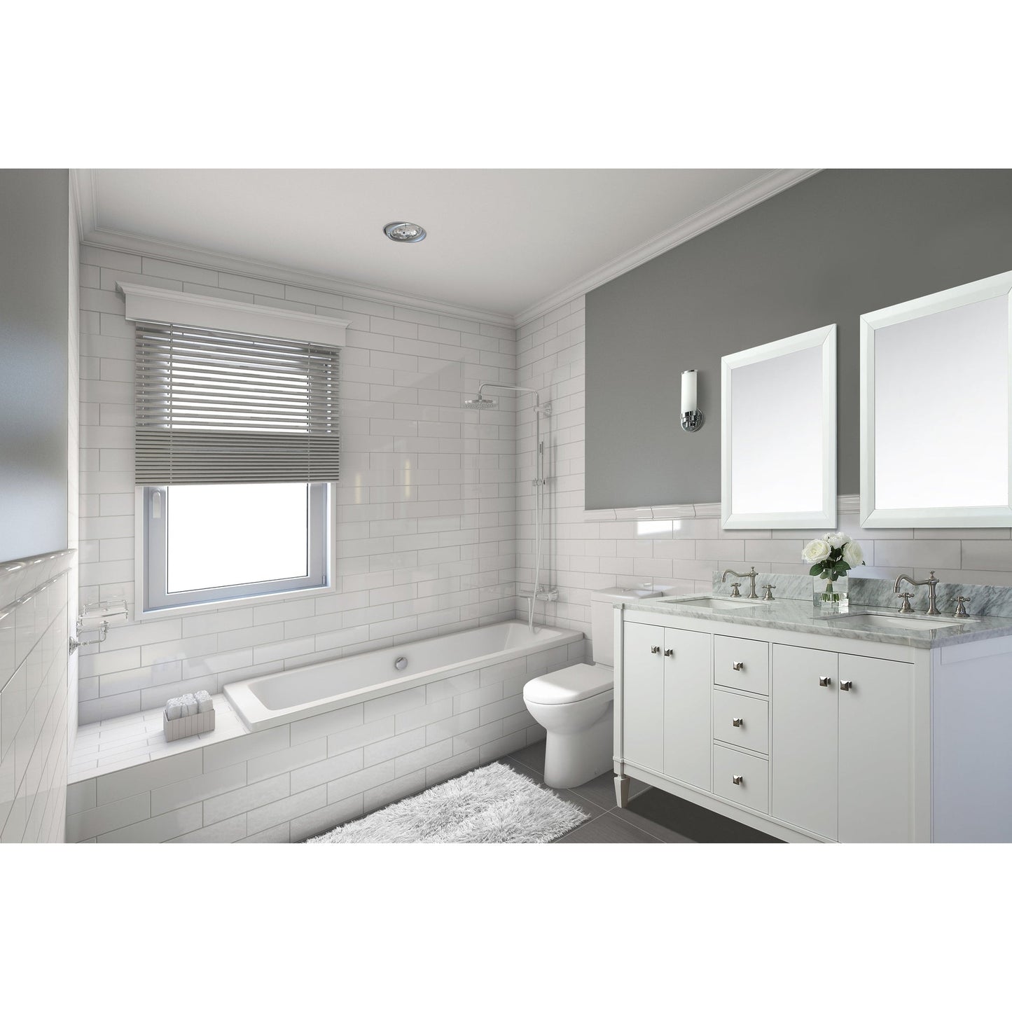 Ancerre Designs Kayleigh 60" 4-Door 3-Drawer White Bathroom Vanity With Italian Carrara White Marble Vanity Top, Double Undermount Ceramic Sinks, 4" Solid Wood Backsplash and Brushed Nickel Finish Hardware