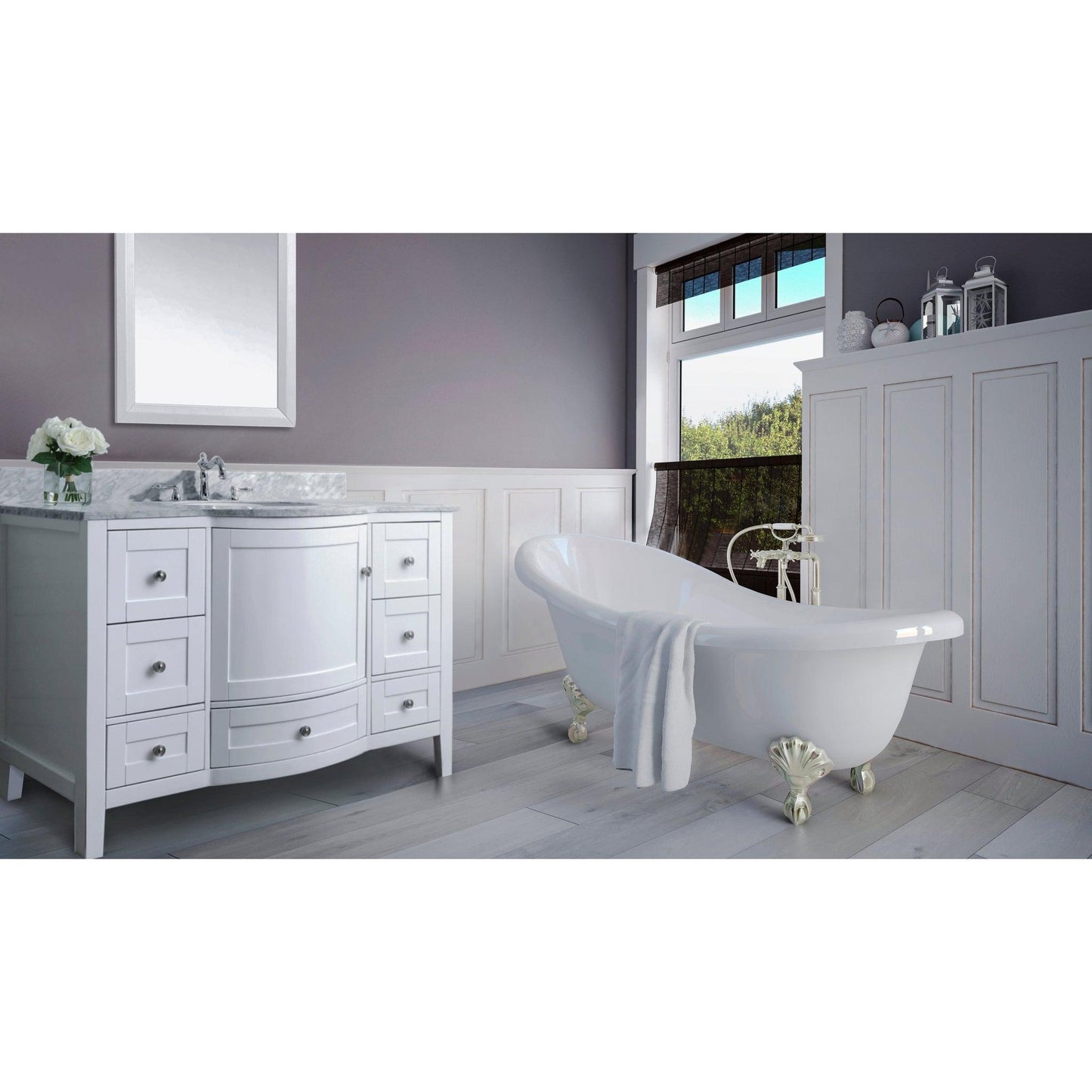 Ancerre Designs Lauren 48" 1-Door 7-Drawer White Single Bathroom Vanity With Italian Carrara White Marble Vanity Top, Single Oval Undermount Ceramic Sink, 4" Solid Wood Backsplash and Brushed Nickel Finish Hardware