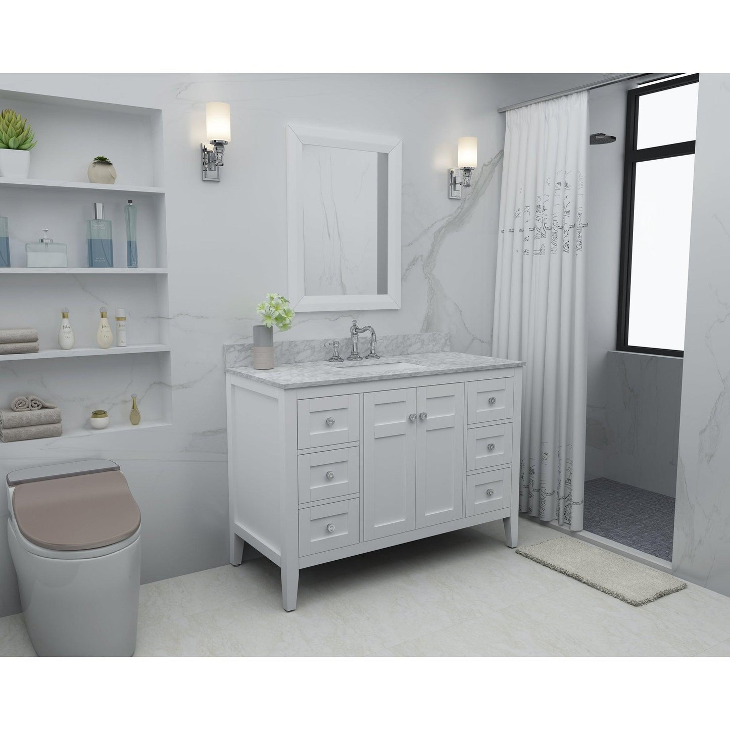 Ancerre Designs Maili 48" 2-Door 6-Drawer White Bathroom Vanity With Italian Carrara White Marble Vanity Top, Single Rectangle Undermount Ceramic Sink and 4" Solid Wood Backsplash and Brushed Nickel Finish Hardware