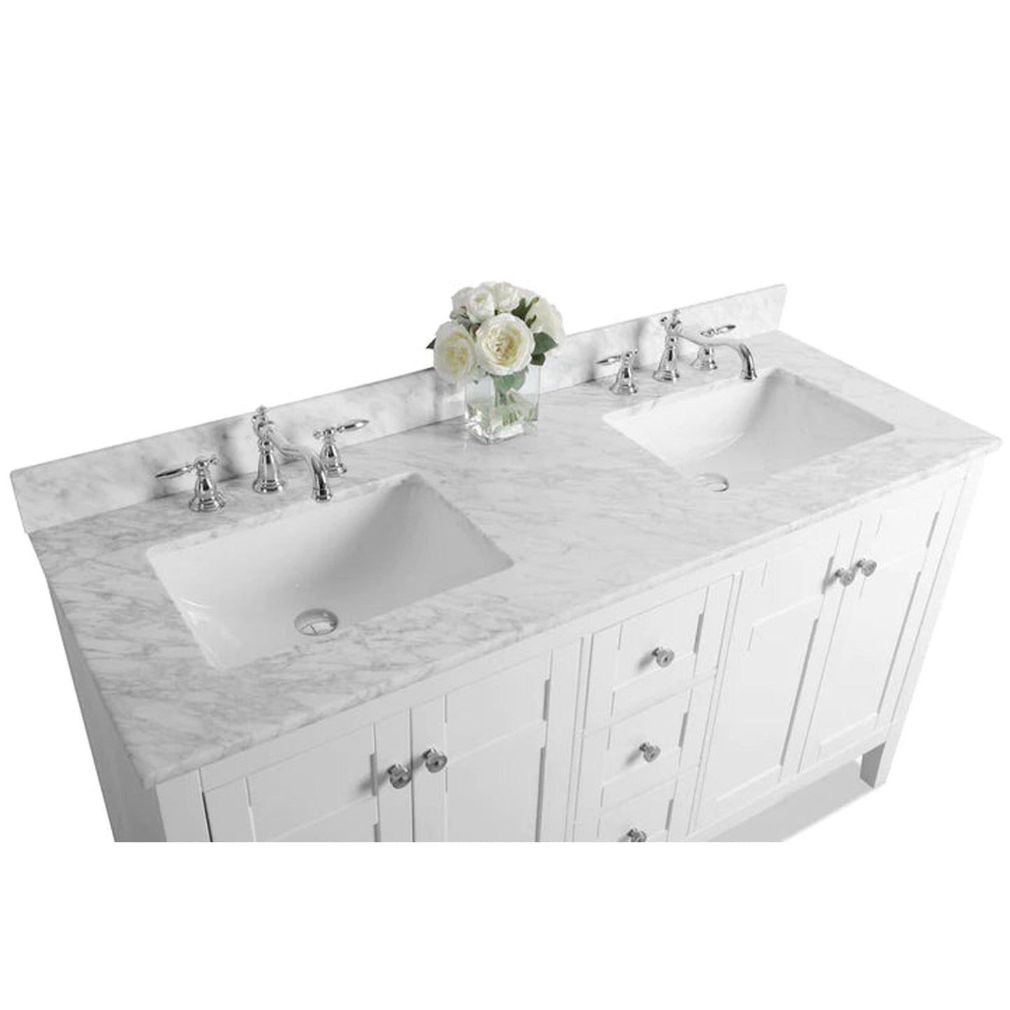 Ancerre Designs Maili 60" 4-Door 3-Drawer White Bathroom Vanity With Italian Carrara White Marble Vanity Top, Double Rectangle Undermount Ceramic Sinks and 4" Solid Wood Backsplash and Brushed Nickel Finish Hardware