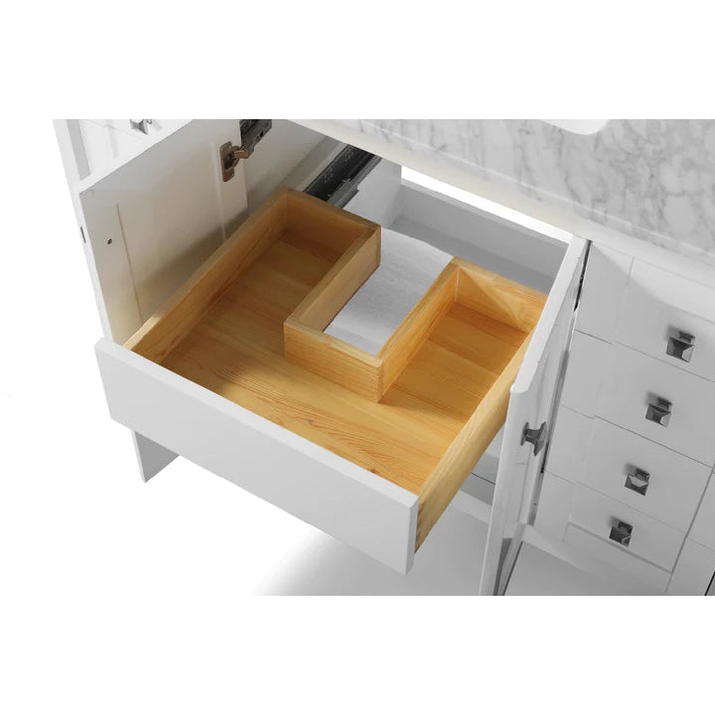 Ancerre Designs Shelton 48" 2-Door 9-Drawer White Bathroom Vanity With Italian Carrara White Marble Vanity Top, Single Rectangle Undermount Ceramic Sink and 4" Backsplash