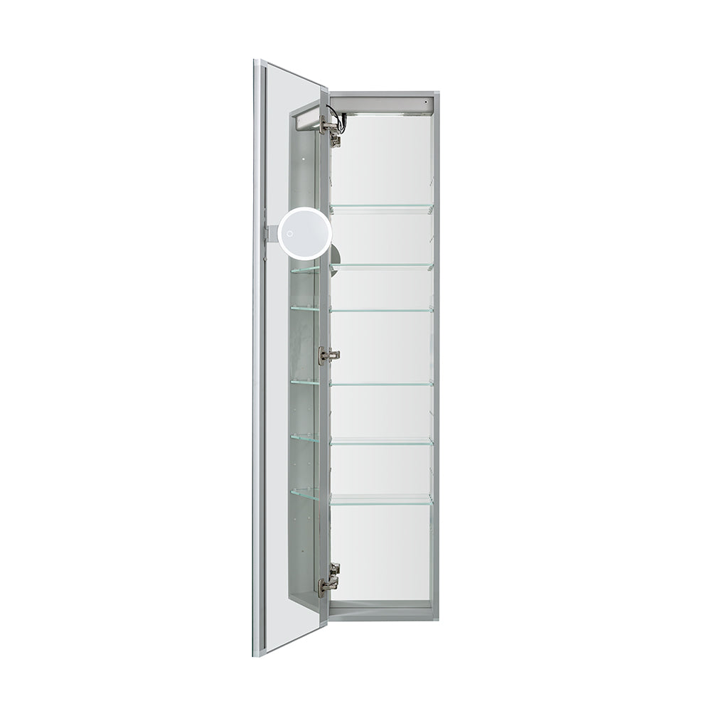 Aquadom Edge Royale 15" x 70" Right Hinged Medicine Cabinet With Lighting, Defogger, Integrated LED 3X Magnifying Mirror, 8mm Clear Adjustable Glass Shelves and Electrical Outlet With USB
