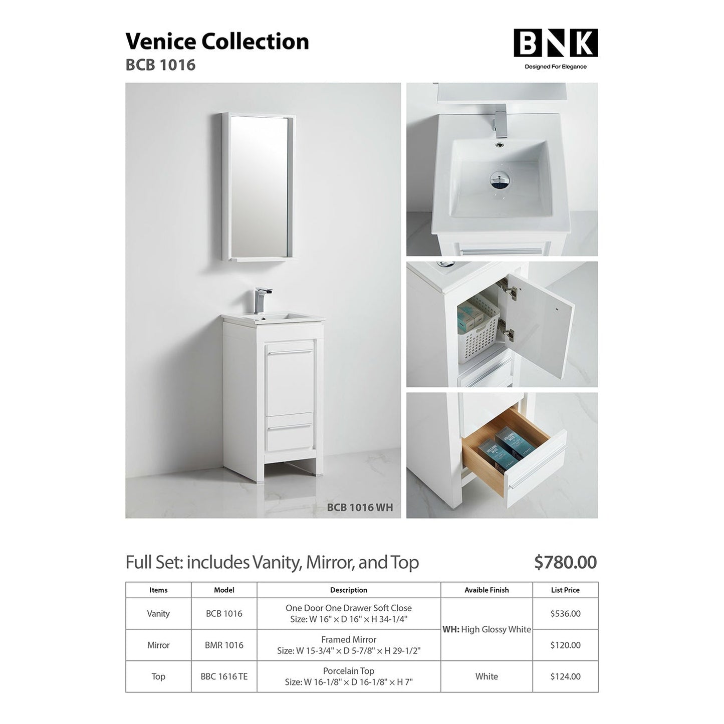BNK BCB1016 Venice High Glossy White Vanity Only One Door One Drawer Soft Close