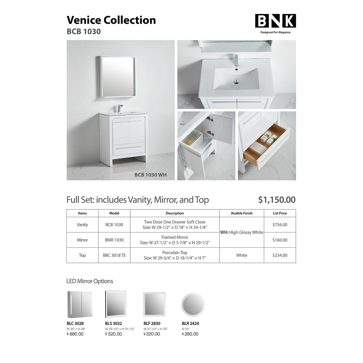 BNK BCB1030 Venice High Glossy White Vanity Only Two Door One Drawer Soft Close