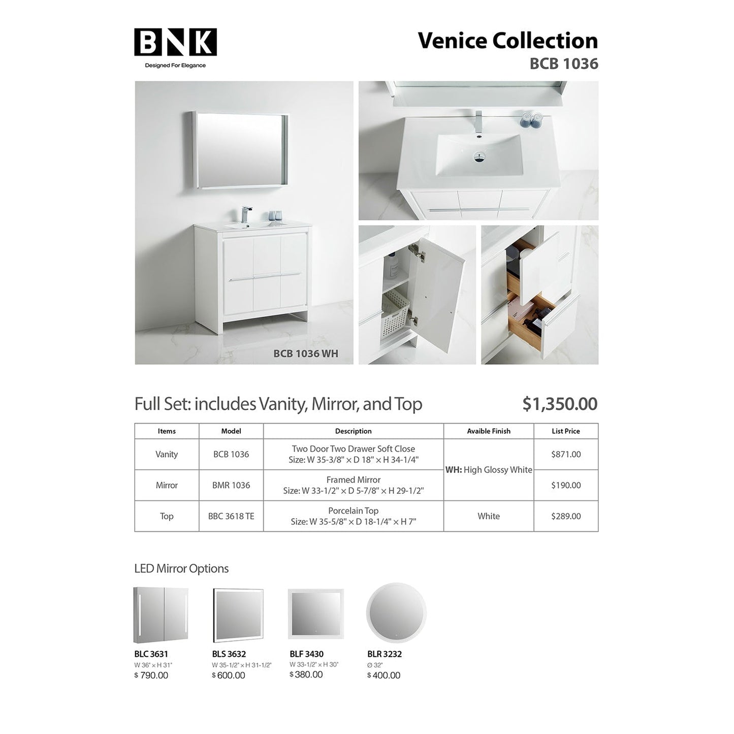 BNK BCB1036 Venice High Glossy White Vanity Only Two Door One Drawer Soft Close