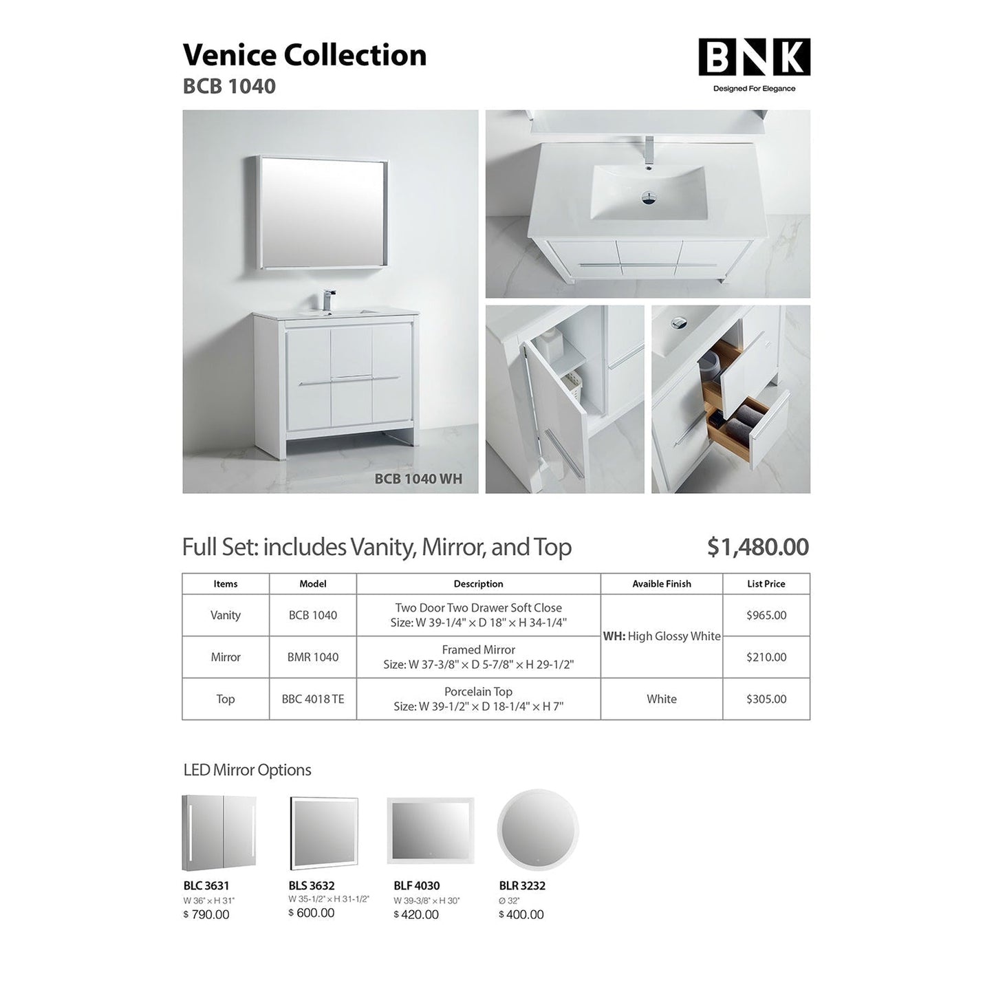 BNK BCB1040 Venice High Glossy White Vanity Only Two Door One Drawer Soft Close