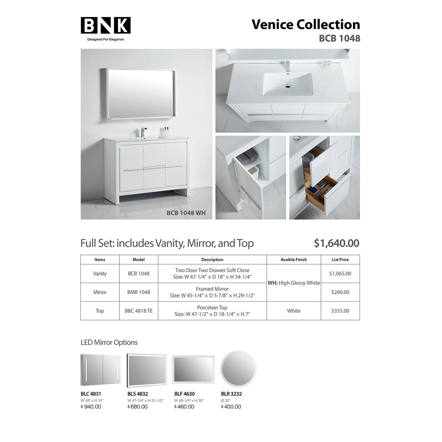 BNK BCB1048 Venice High Glossy White Vanity Only Two Door One Drawer Soft Close