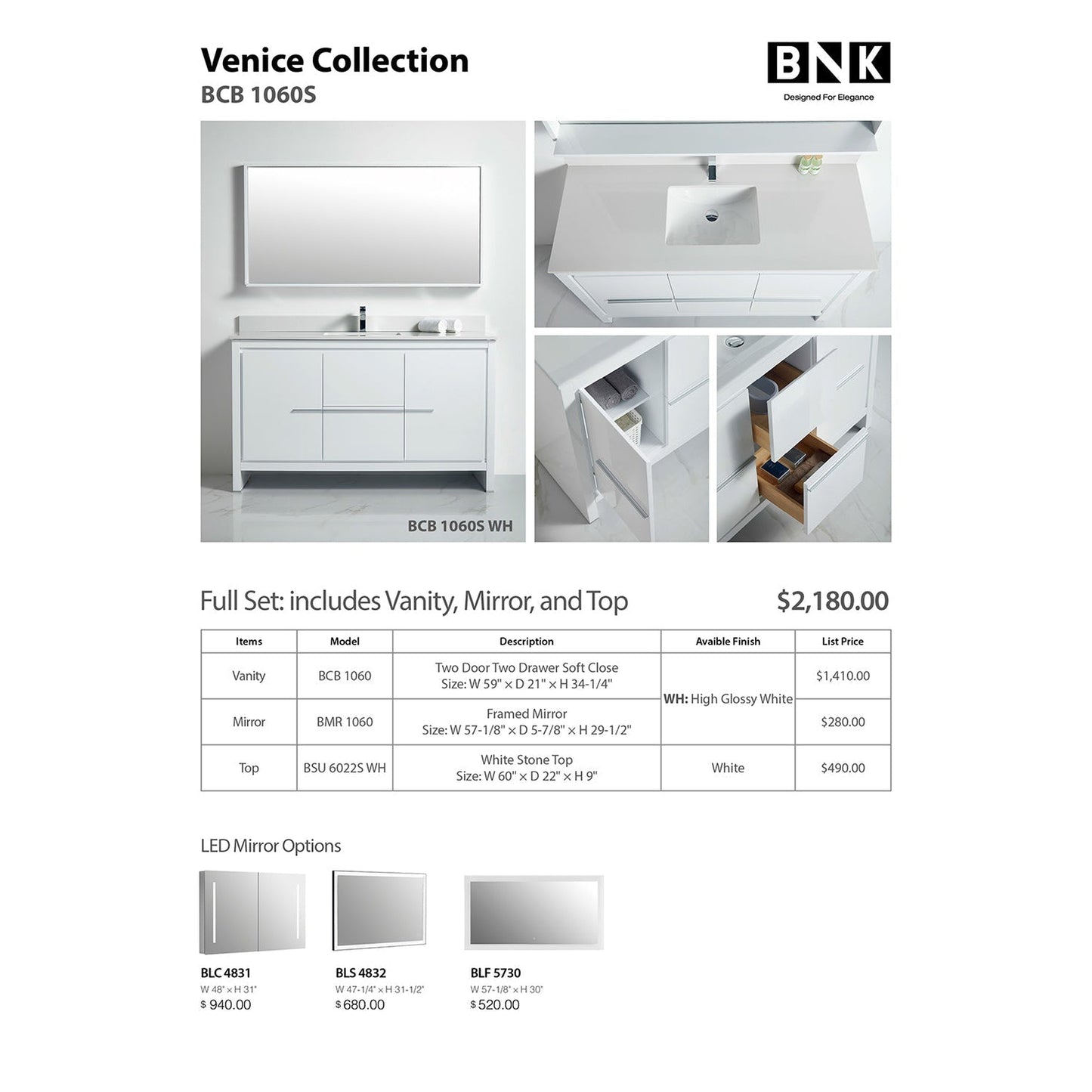 BNK BCB1060S Venice High Glossy White Vanity Only Two Door One Drawer Soft Close