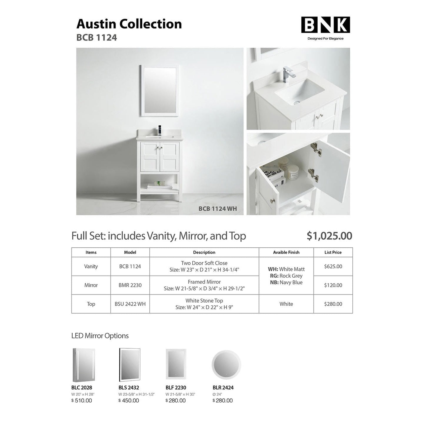 BNK BCB1124 Austin Matt White Vanity Only Two Door One Drawer Soft Close