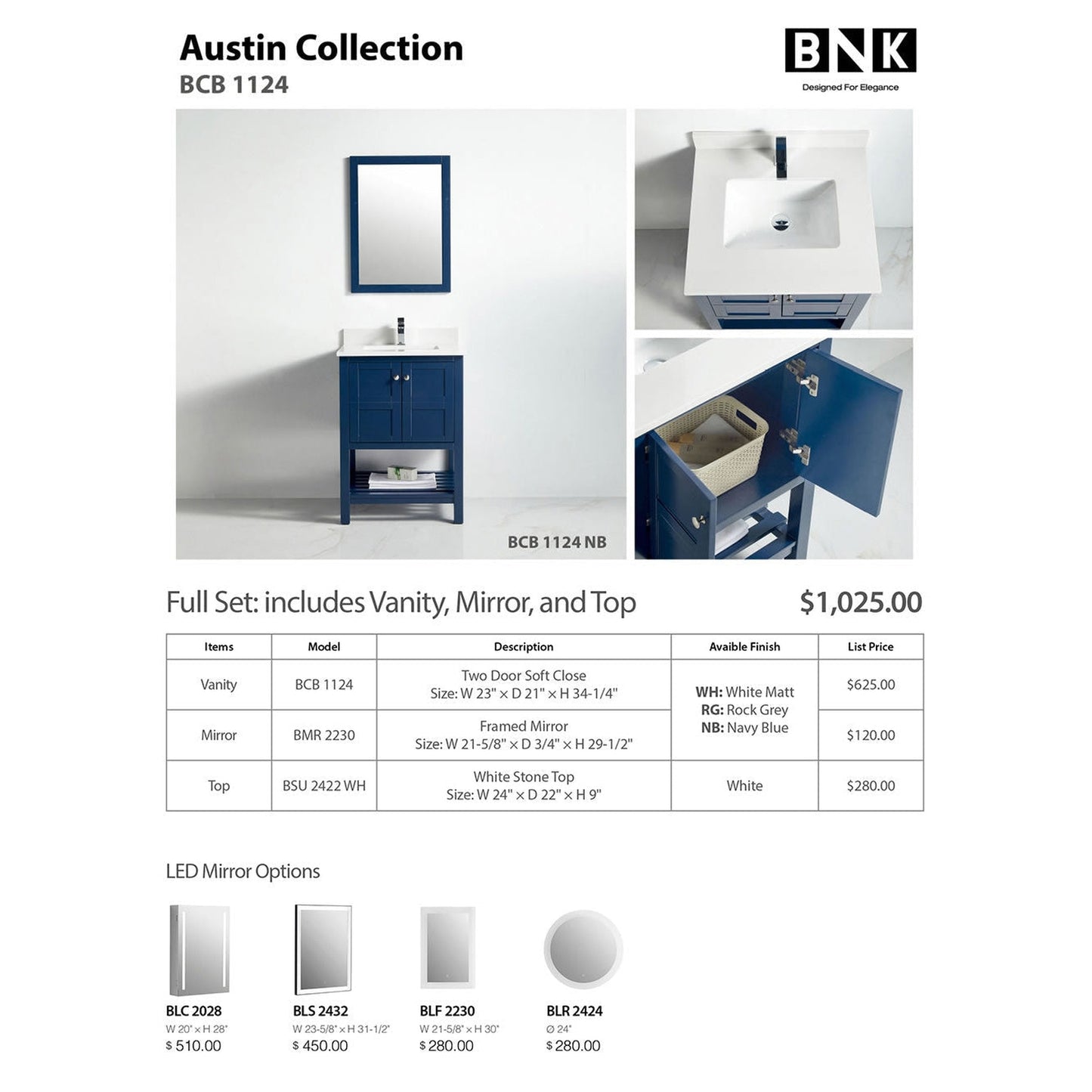 BNK BCB1124 Austin Navy Blue Vanity Only Two Door One Drawer Soft Close