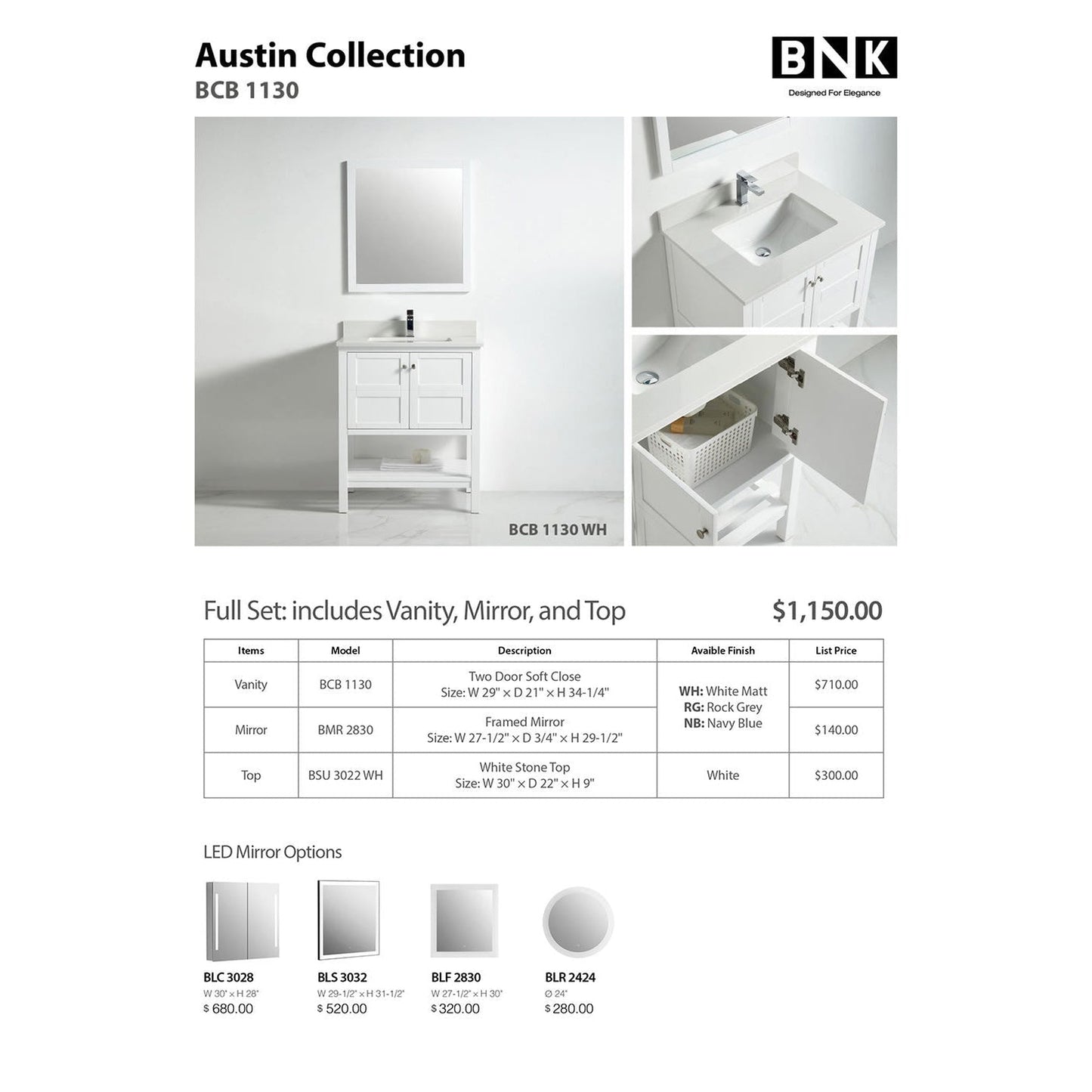 BNK BCB1130 Austin Matt White Vanity Only Two Door One Drawer Soft Close