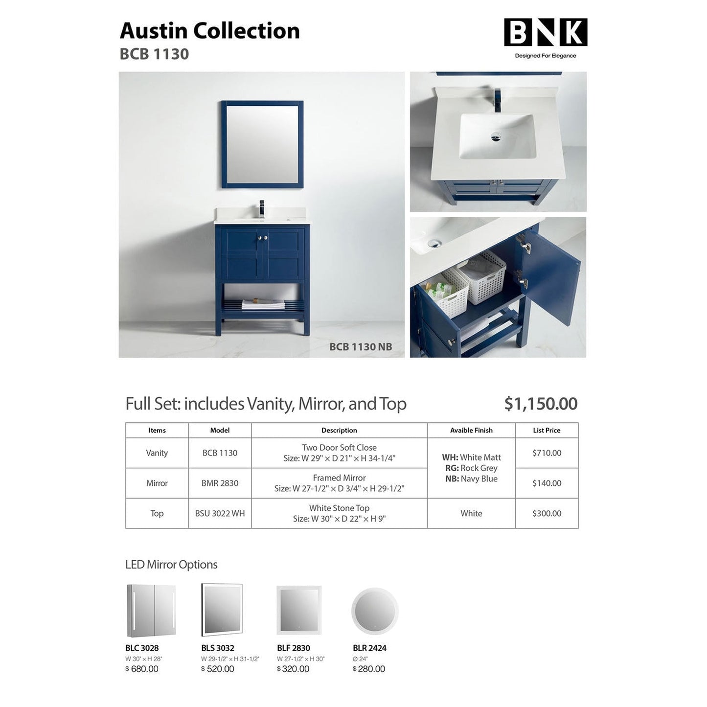 BNK BCB1130 Austin Navy Blue Vanity Only Two Door One Drawer Soft Close