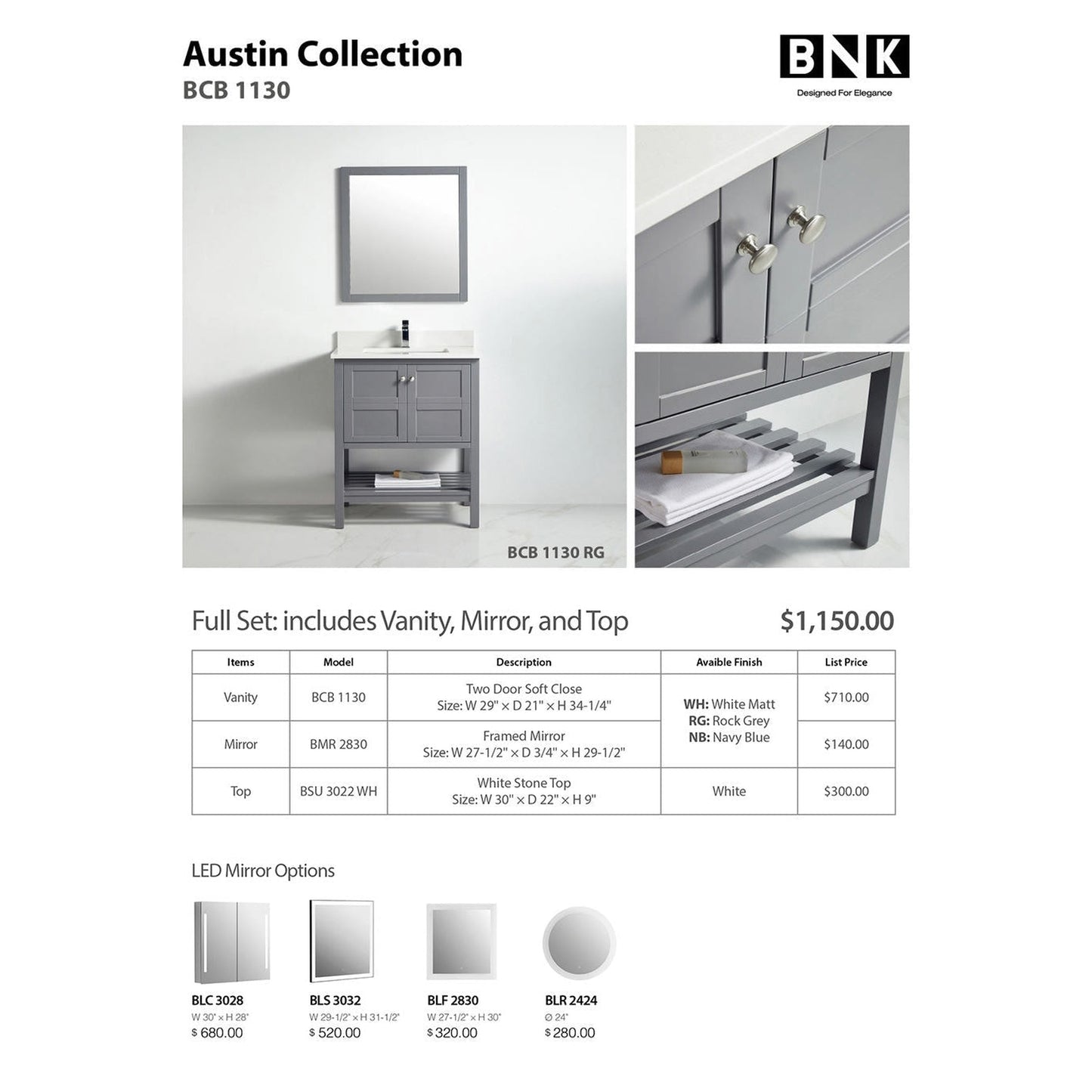 BNK BCB1130 Austin Rock Grey Vanity Only Two Door One Drawer Soft Close