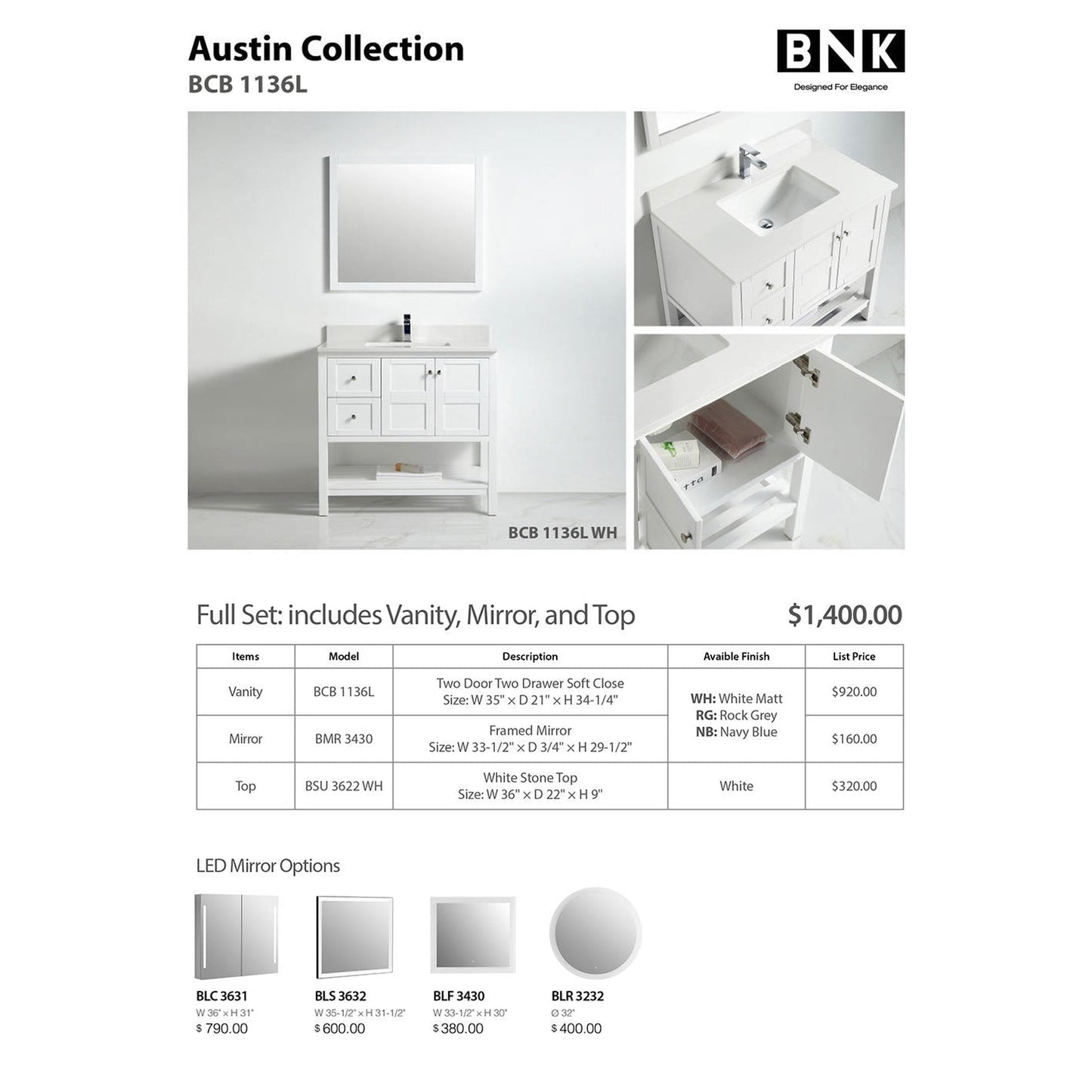 BNK BCB1136L Austin Matt White Vanity Only Two Door Two Left Drawer Soft Close